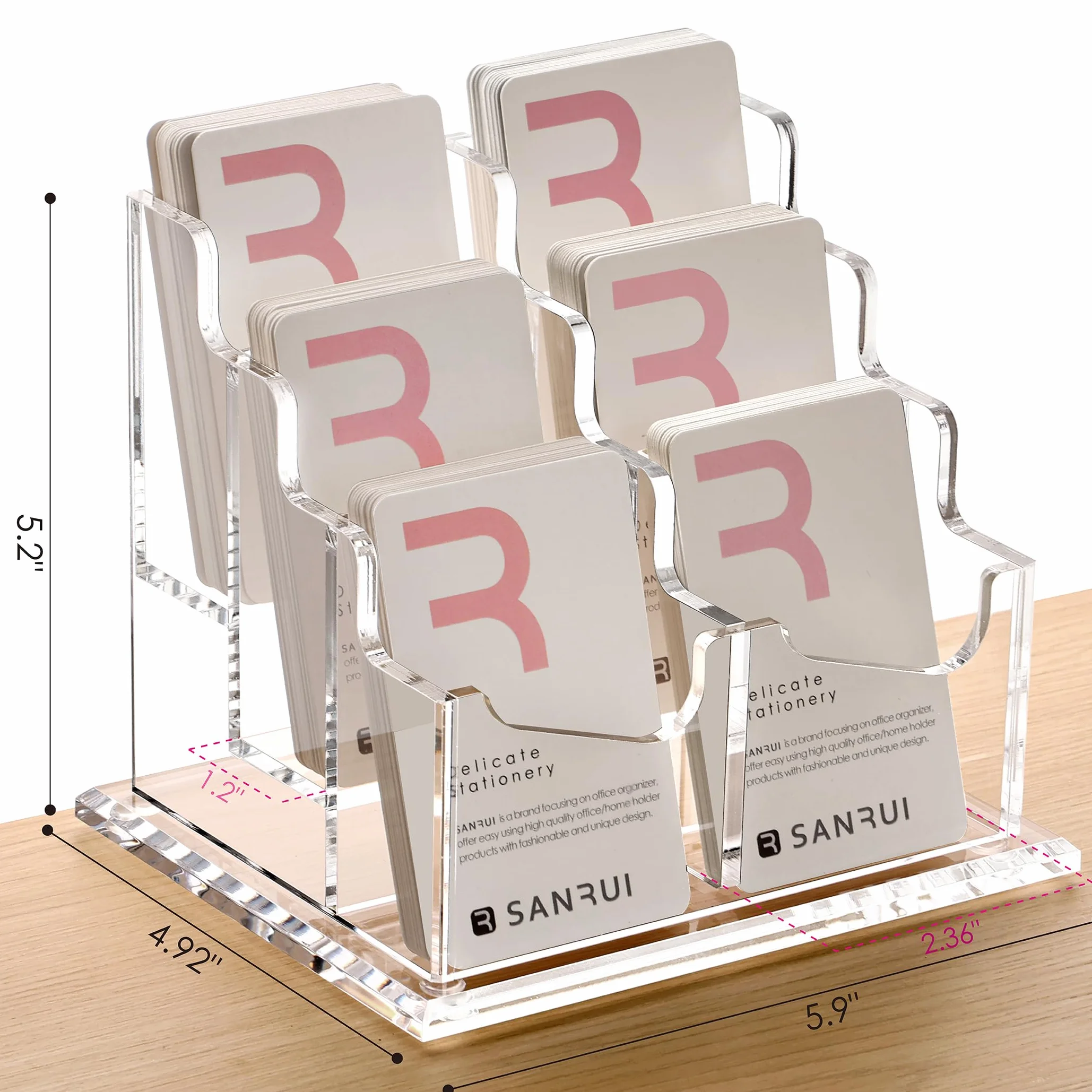 SANRUI Porta biglietti da visita verticale trasparente per scrivania, espositore da tavolo in acrilico, organizer per mostre, casa, ufficio, 3 ripiani, 6 tasche, capacità 360 carte