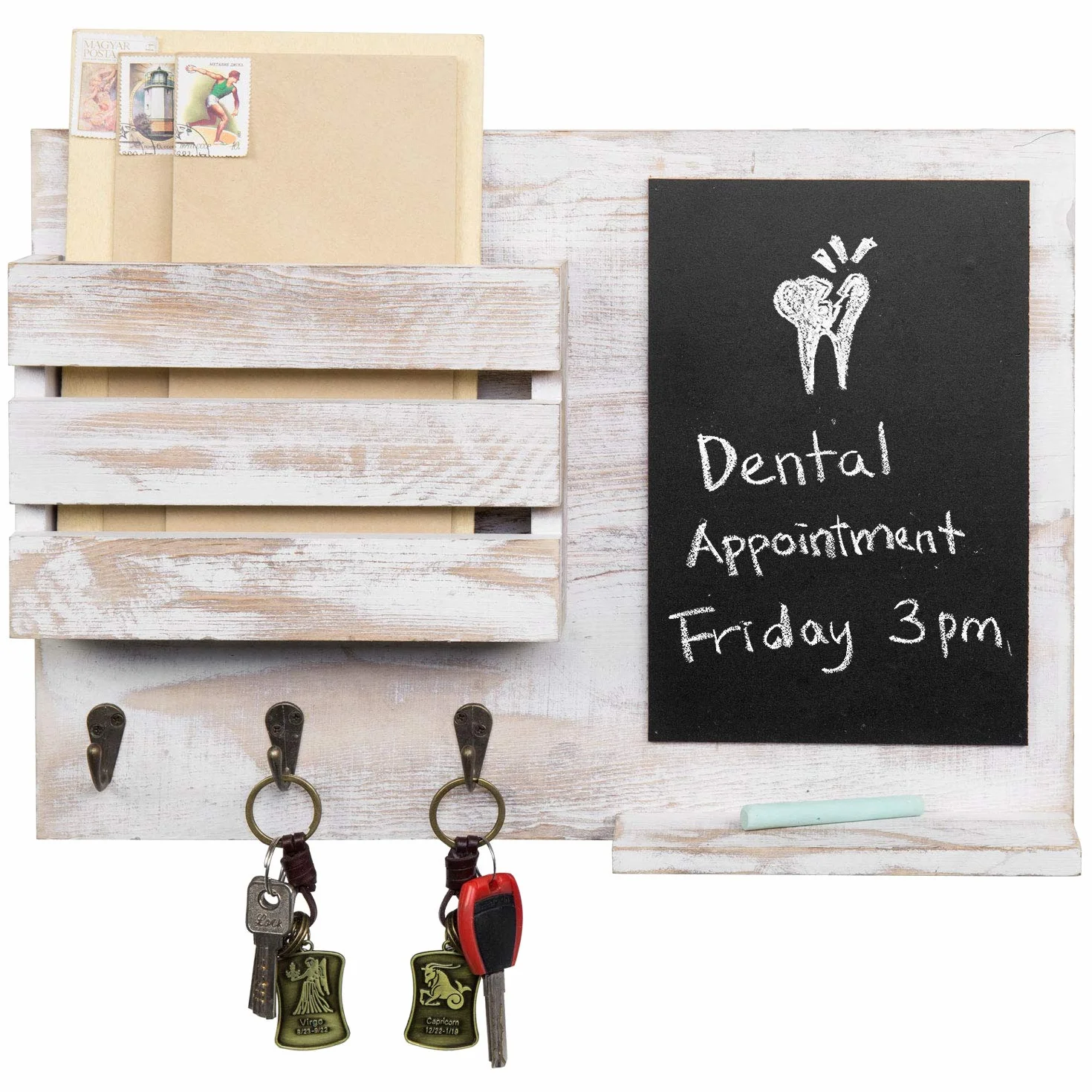 MyGift Shabby Whitewashed Postale da Parete in Legno con Lavagna, 3 Ganci per Chiavi e Ripiano