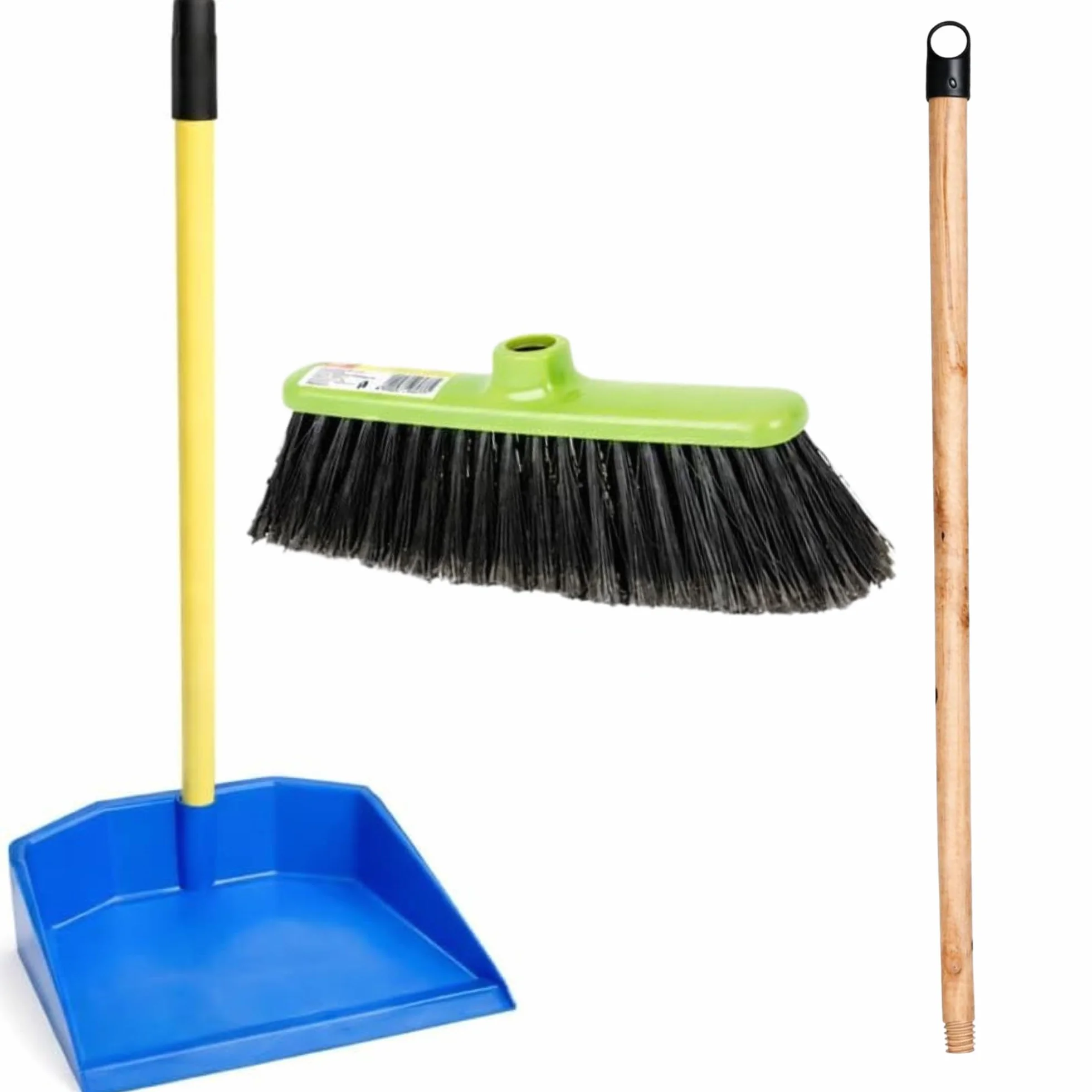 Scopa e Paletta con Manico Lungo 120 cm - Asta in Legno Filettato - Paletta Alzaimmondizia in Plastica - Setole Piumate per Pulizia