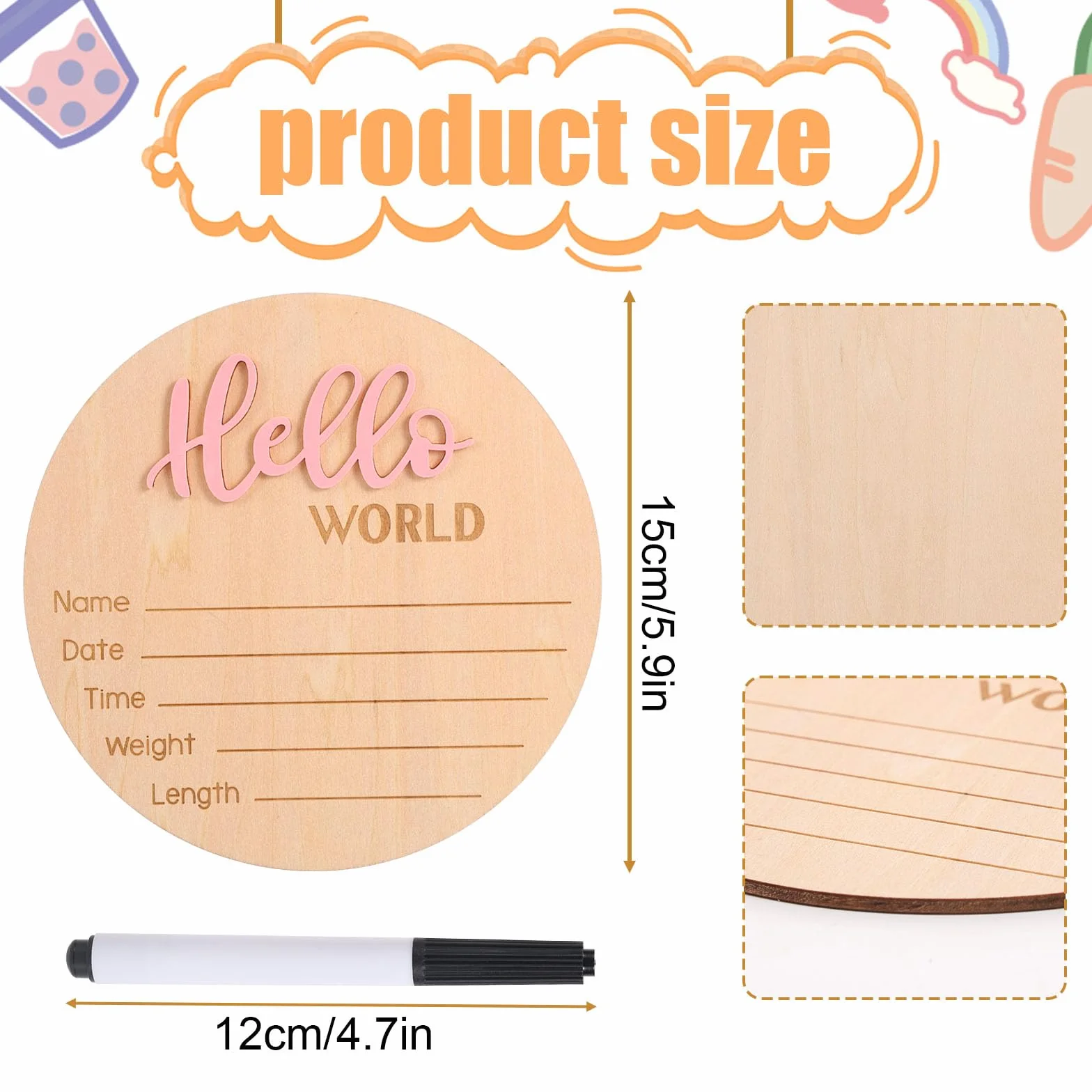 Cartello di Annuncio del Neonato in Legno 15 cm con Scritta Hello World Rosa Chiaro per Baby Shower