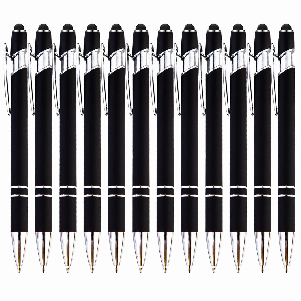 PASISIBICK 12 penne a sfera nere con stilo, 2 in 1 penna a sfera stilo in metallo, penna a sfera premium per touch screen, inchiostro nero, punta media da 1,0 mm (12 pezzi nero)