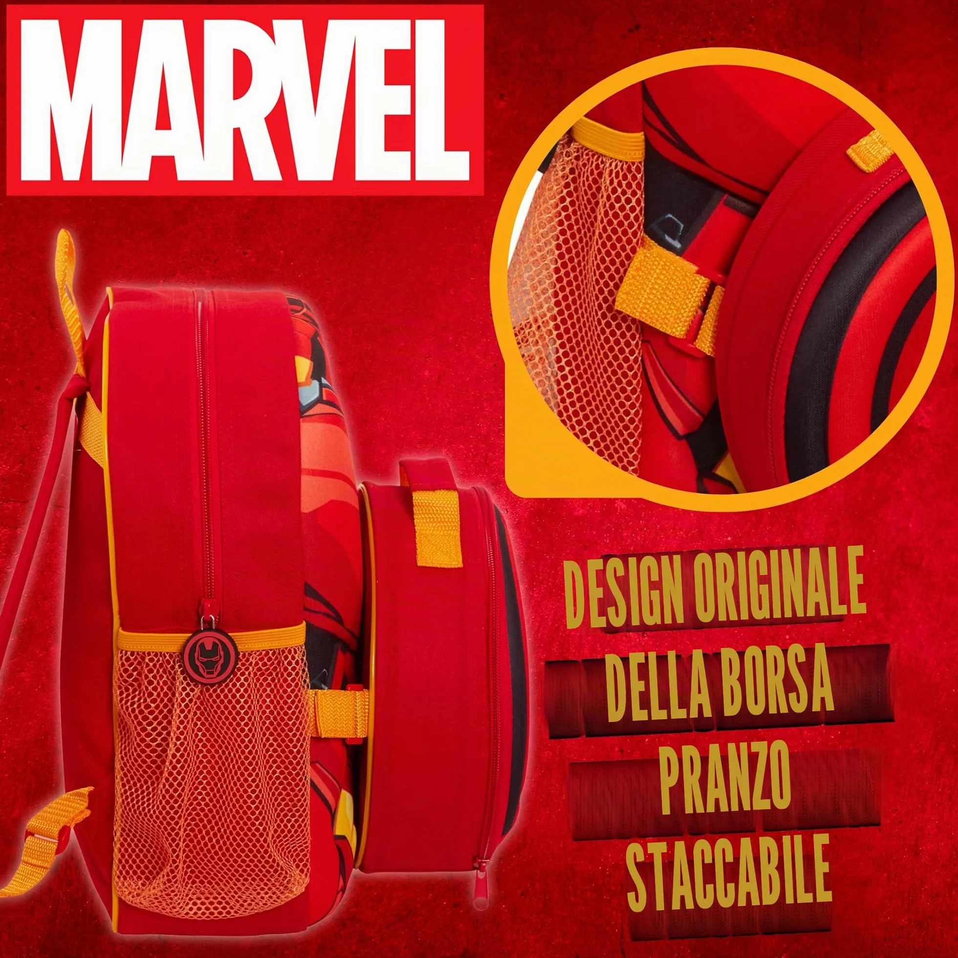 Marvel Zaino per bambini Iron Man Avengers Borsa per il pranzo staccabile Portabottiglie per acqua Set da 2 pezzi