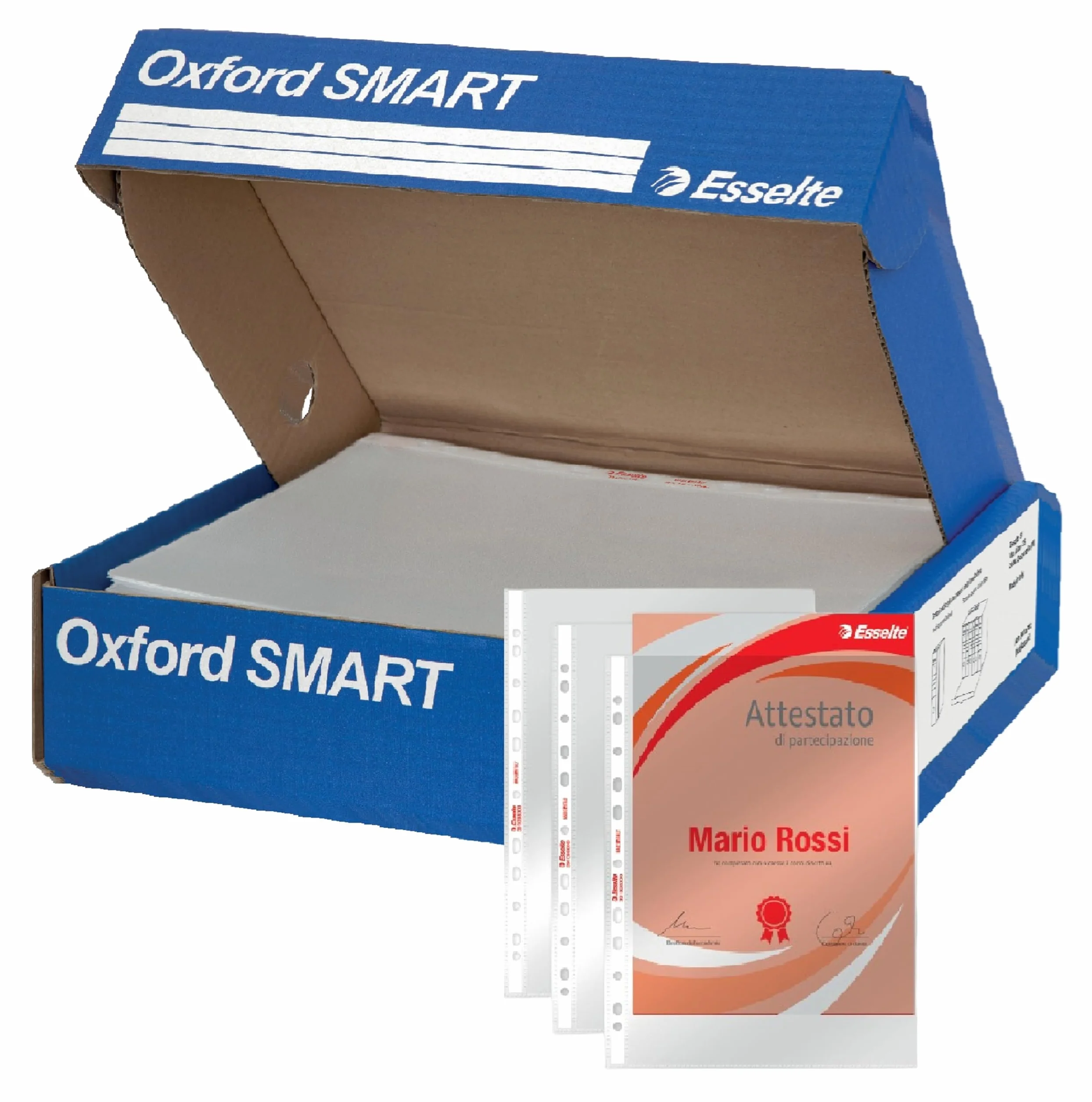Esselte OXFORD SMART Buste per raccoglitori a perforazione universale A4, 400 pezzi, PP Lucido, con Scatola Multiuso