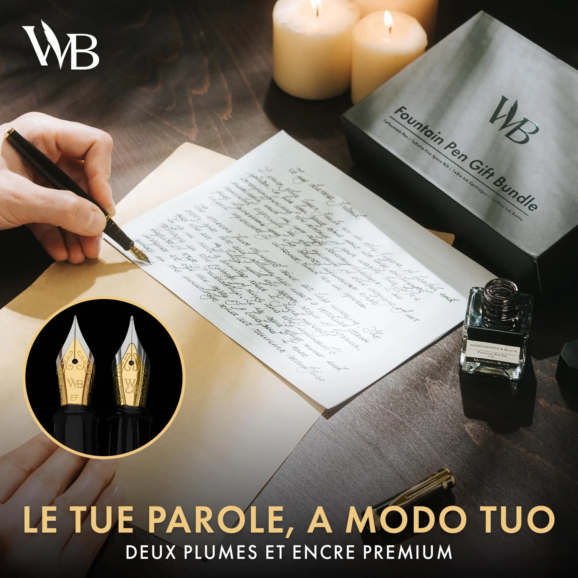 Wordsworth & Black Set di Penne Stilografiche, Pennino Medio e Extra Fine 18K Oro, Bottiglia Inchiostro Nero 25ML, 6 Cartucce, Convertitore, Confezione Regalo – [Nero Oro], Set per Uomini e Donne.