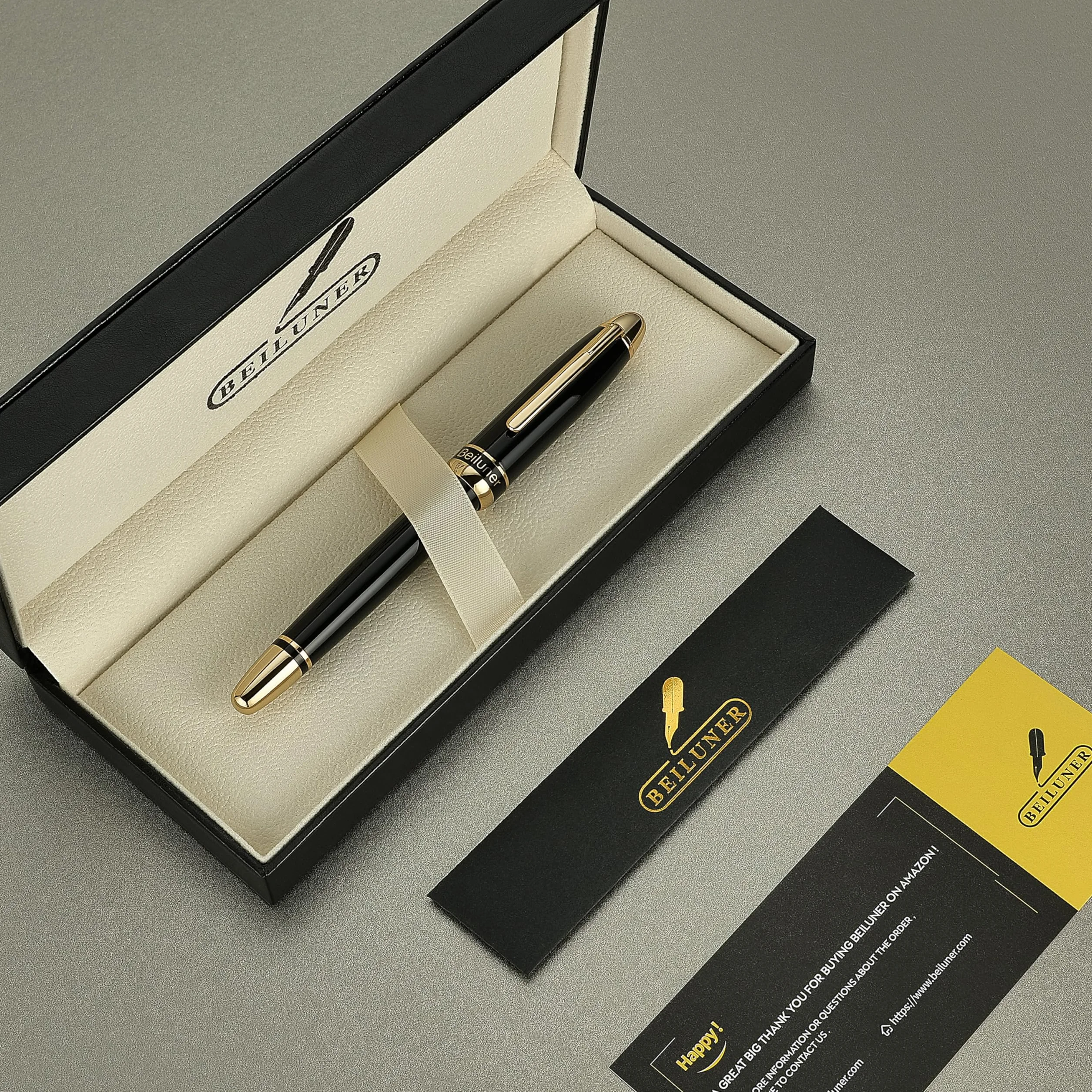 BEILUNER 315 Penna Rollerball di Lusso, Finitura Oro 24K Premium e Laccatura Piano Elegante, Set Regalo Dirigenziale per Professionisti e Laureati, Penna da Ufficio di Prestigio - Nero & Oro