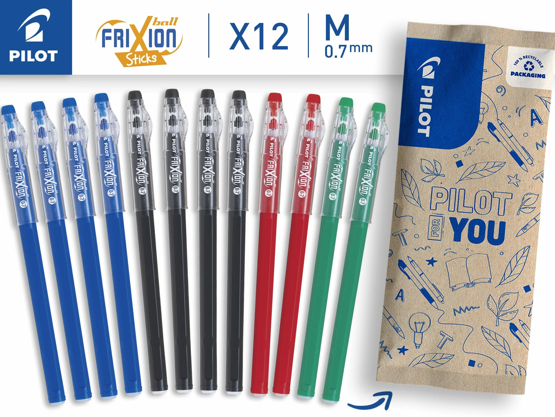 PILOT FriXion Ball Stick Inchiostro Gel Cancellabile Punta Media 12 Penne