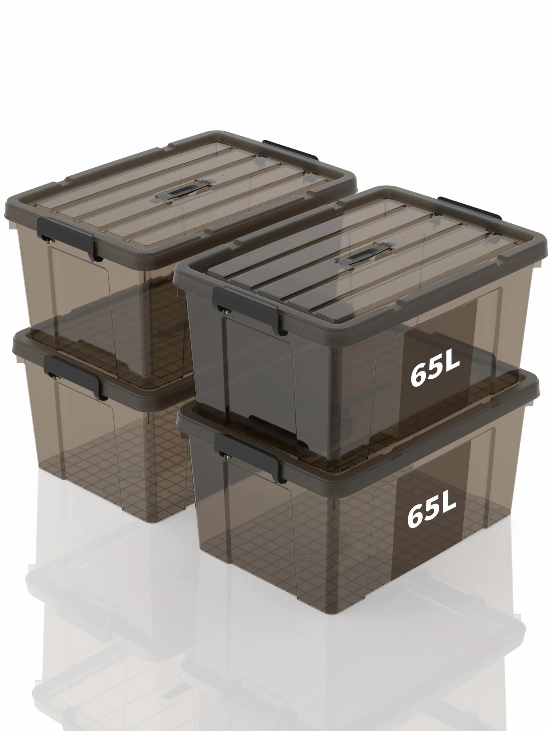 Scatole Portaoggetti, Casse di stoccaggio 65L, Contenitori in Plastica con Coperchio e Maniglia, Trasparente Marrone, Impilabile, Facile da Trasportare, per Casa e Garage, 65L, Set di 4