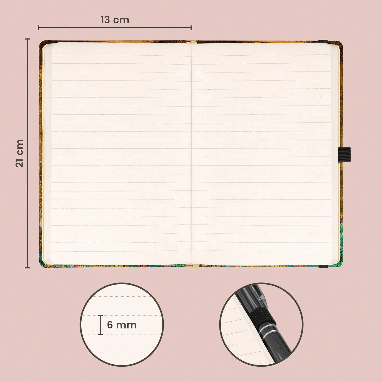 NOTIQUE Taccuino A5 13x21 cm con pagine a righe e elastico, copertina rigida design Gustav Klimt