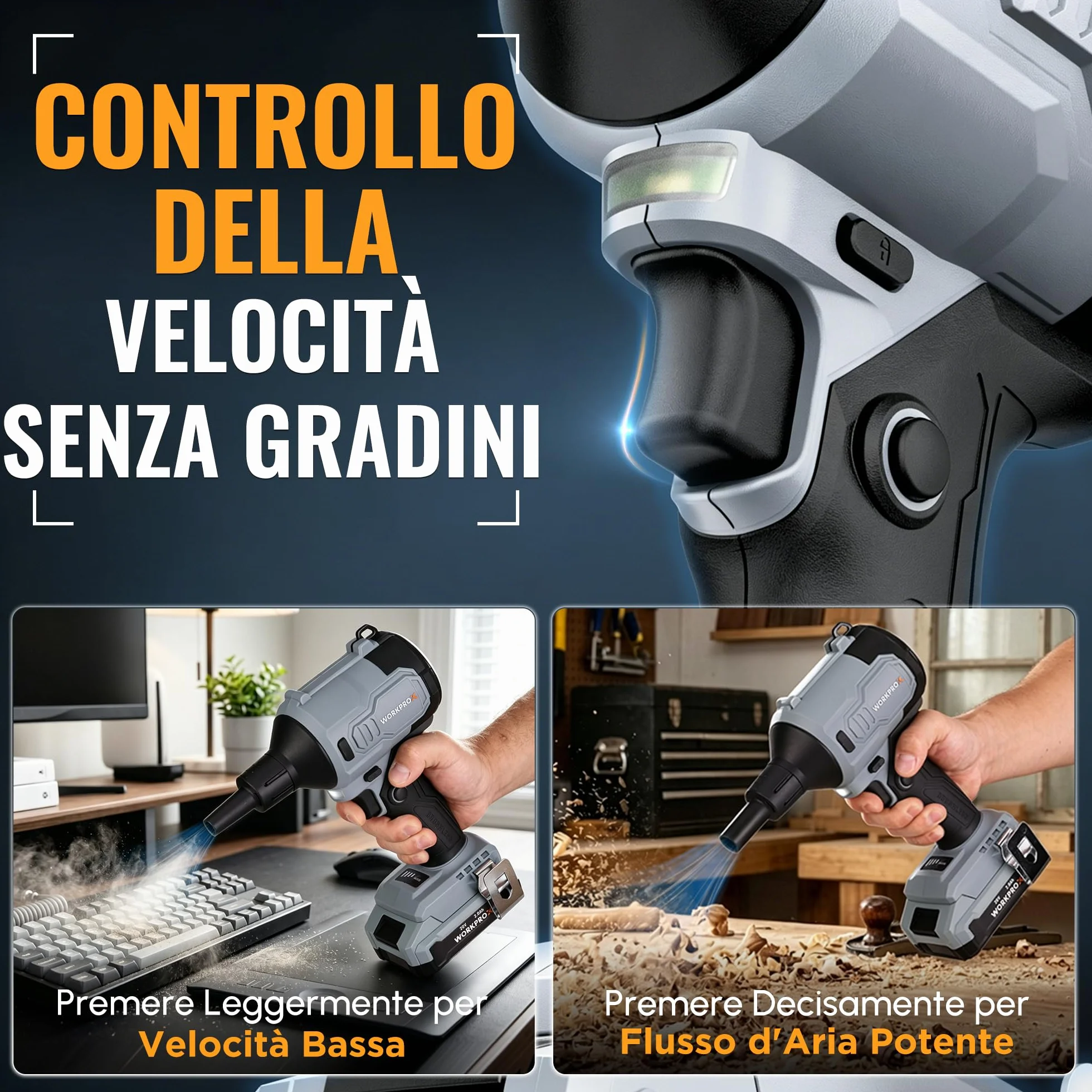 WORKPROX Soffiatore ad Aria Compressa Wireless 20V | Soffiatore Elettrico Ricaricabile USB-C, Motore Brushless, 4 Velocità Regolabili, Funzione Soffiaggio/Aspirazione