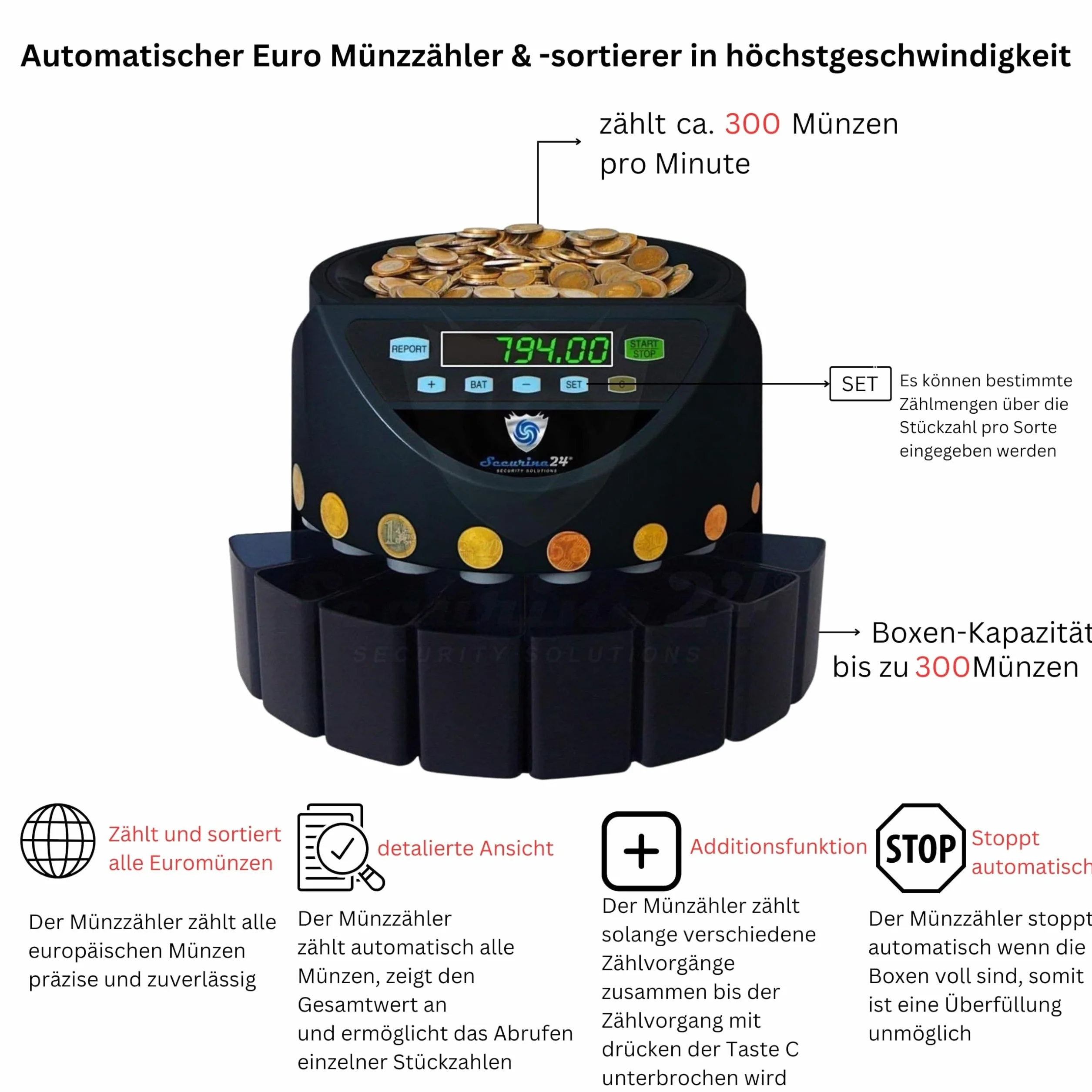 Contamonete Euro Securina24 (Nero - Blacklabel - BBB-LED)