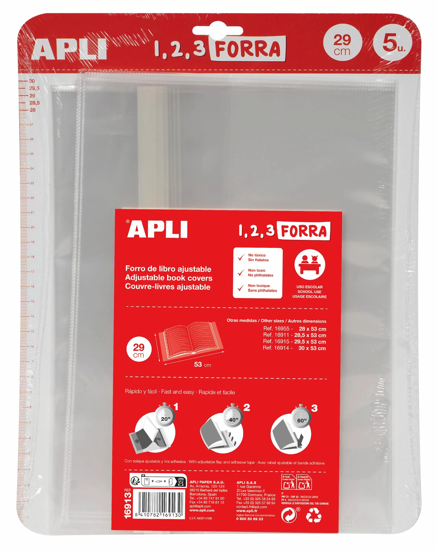 APLI Confezione da 5 copertine per libri in PP 290 mm