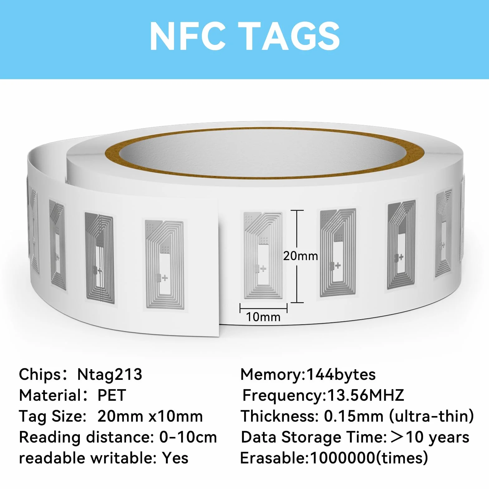 Etichette NFC Adesive NTAG213 Originali, Tag RFID Riscrivibili 144 Byte per Smartphone