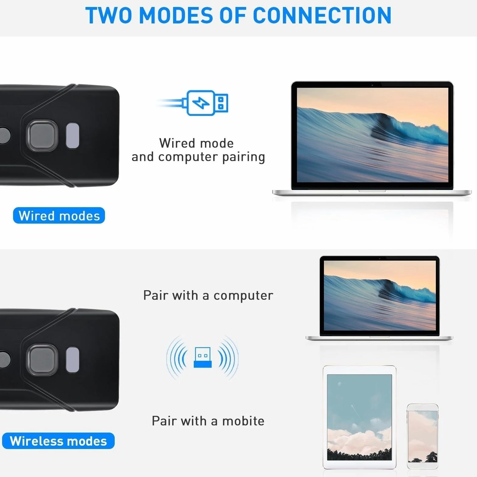 Lettore di codici a barre Bluetooth mini 2D portatile senza fili lettore di codici a barre 3 in 1 e 2,4 G