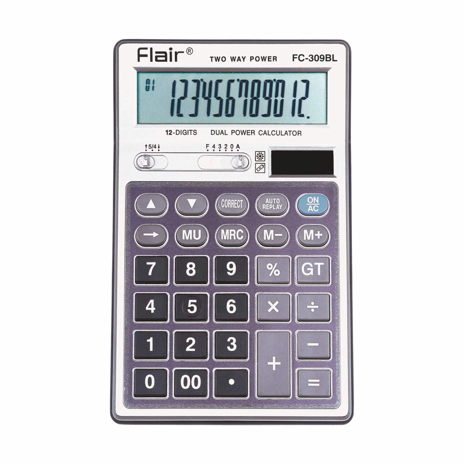 WRITEAWAY Flair FC-309 - Calcolatrice da tavolo a energia solare e a batteria, doppia alimentazione, ideale per studenti e lavori finanziari, per scuola, collage, casa, ufficio e negozio, grigio