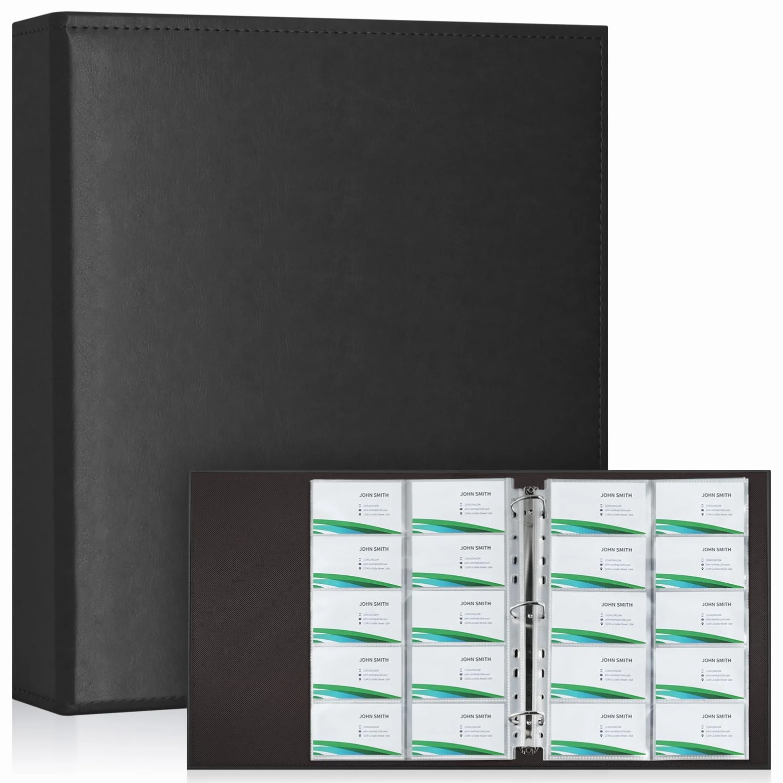 Album Portabiglietti da Visita 600 Carte A4 in Pelle PU, Anelli Caricamento Laterale, Nero | Organizzazione Ufficio