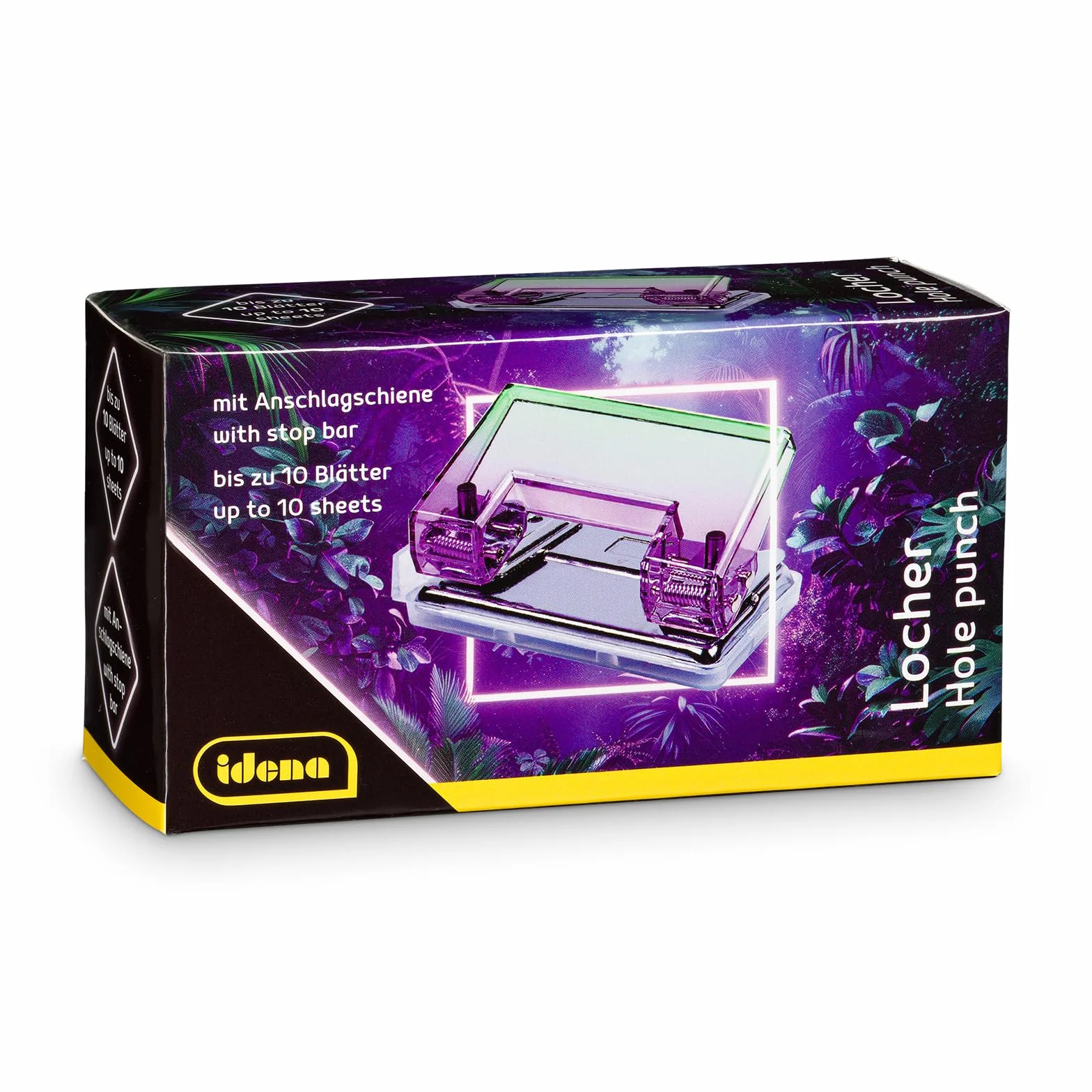 Idena Perforatrice con Guida di Arresto per 10 Fogli, 11,3 x 6 x 5,2 cm, Viola-Verde