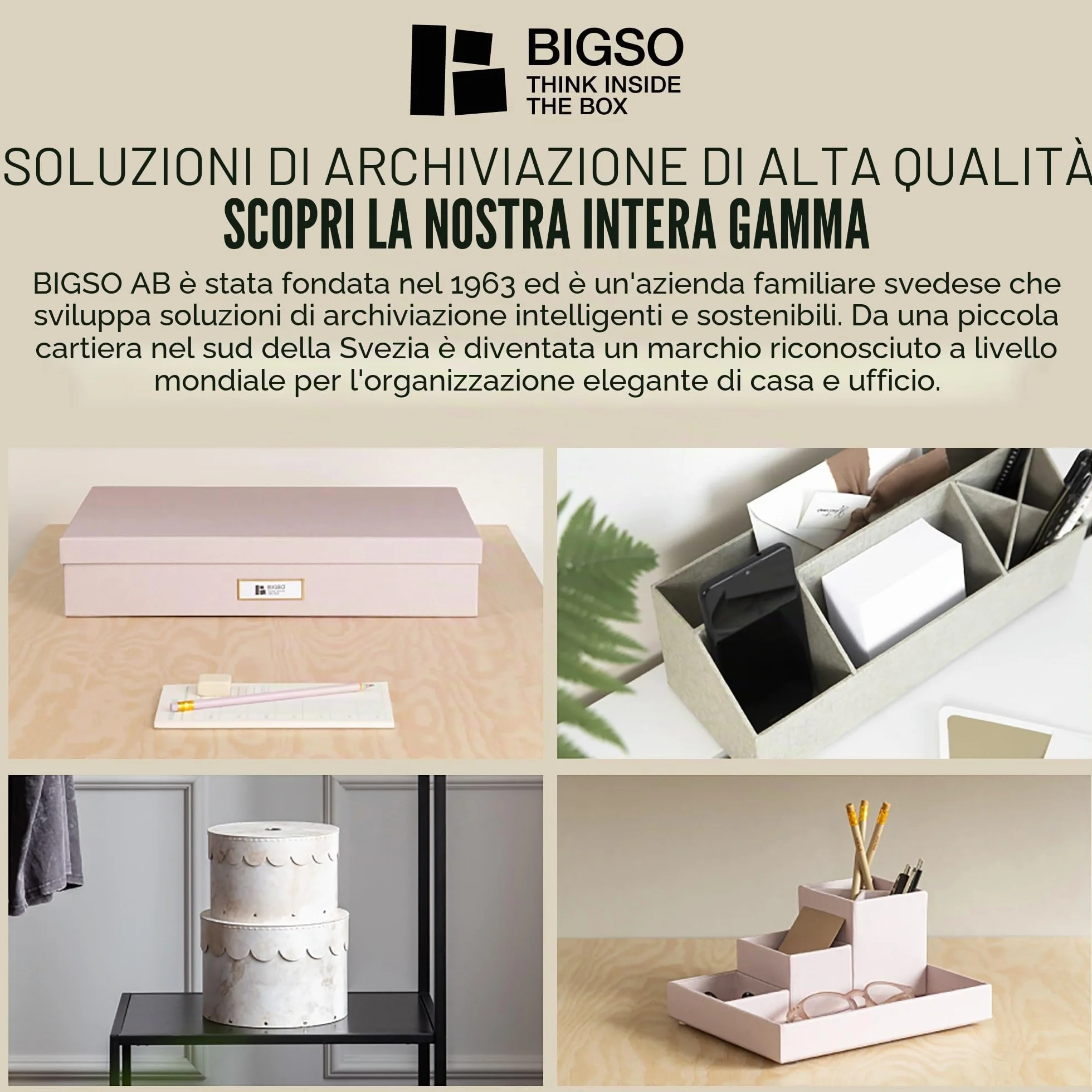 Bigso Box of Sweden Contenitore per documenti con coperchio - Raccoglitori da scrivania con 8 cartelle sospese - Raccoglitori documenti in fibra di legno e carta effetto lino - beige
