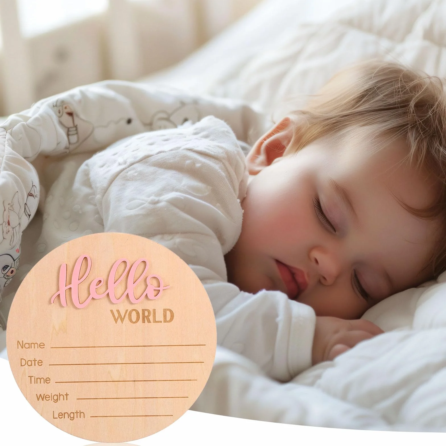 Cartello di Annuncio del Neonato in Legno 15 cm con Scritta Hello World Rosa Chiaro per Baby Shower