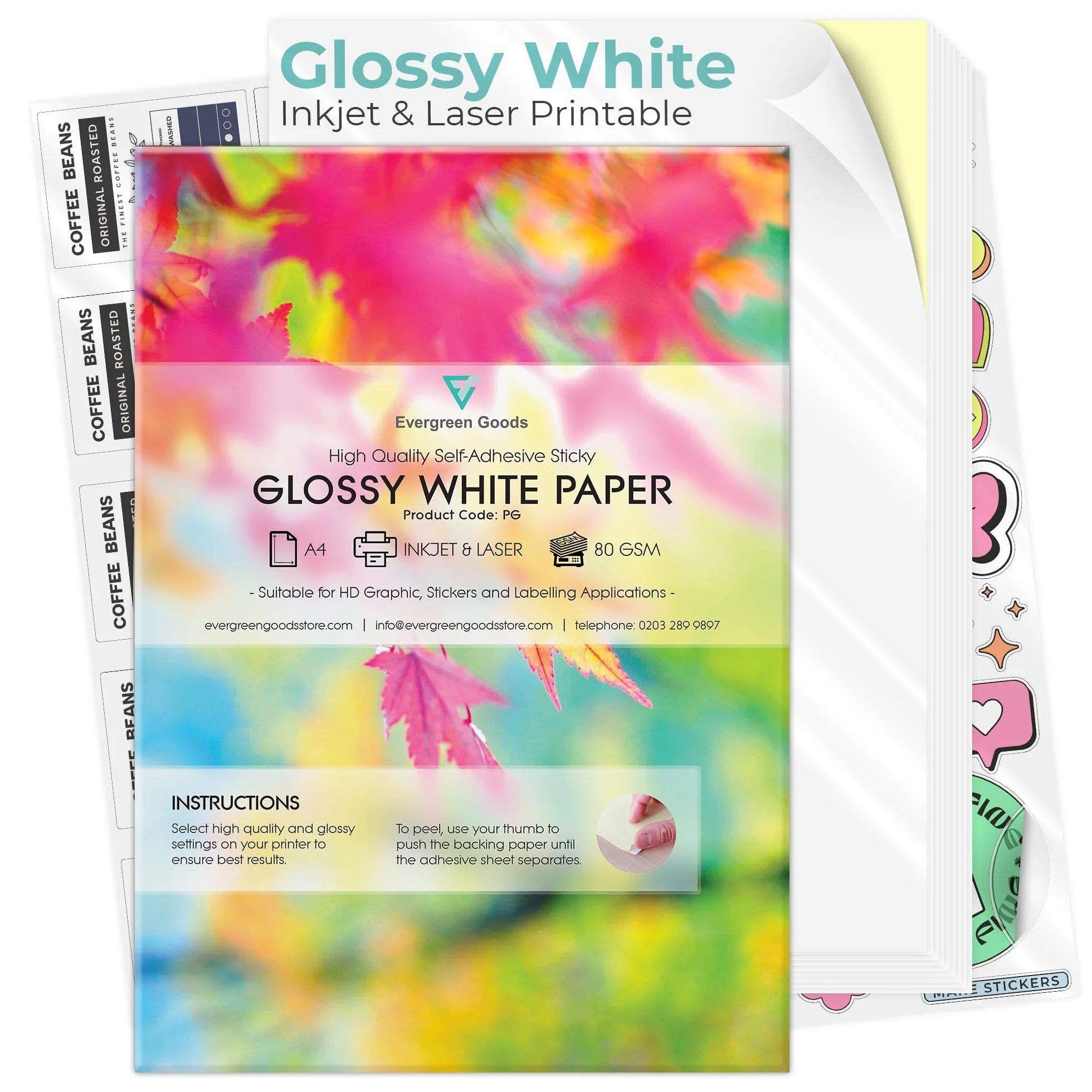 Evergreen Goods 50 fogli carta adesiva lucida A4 bianca autoadesiva stampabile getto d'inchiostro laser