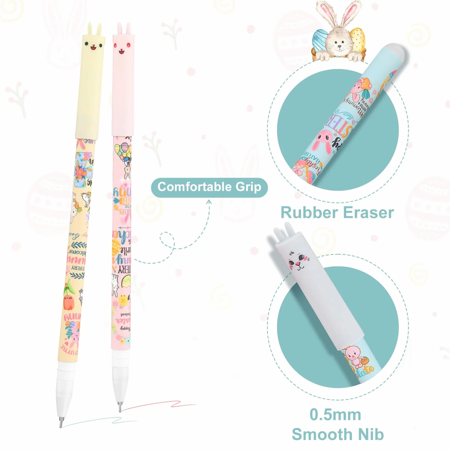 Confezione da 3 penne cancellabili a forma di coniglietto pasquale con inchiostro gel e gomma, inchiostro sensibile al calore, design carino a forma di animale, per la scuola e regali di