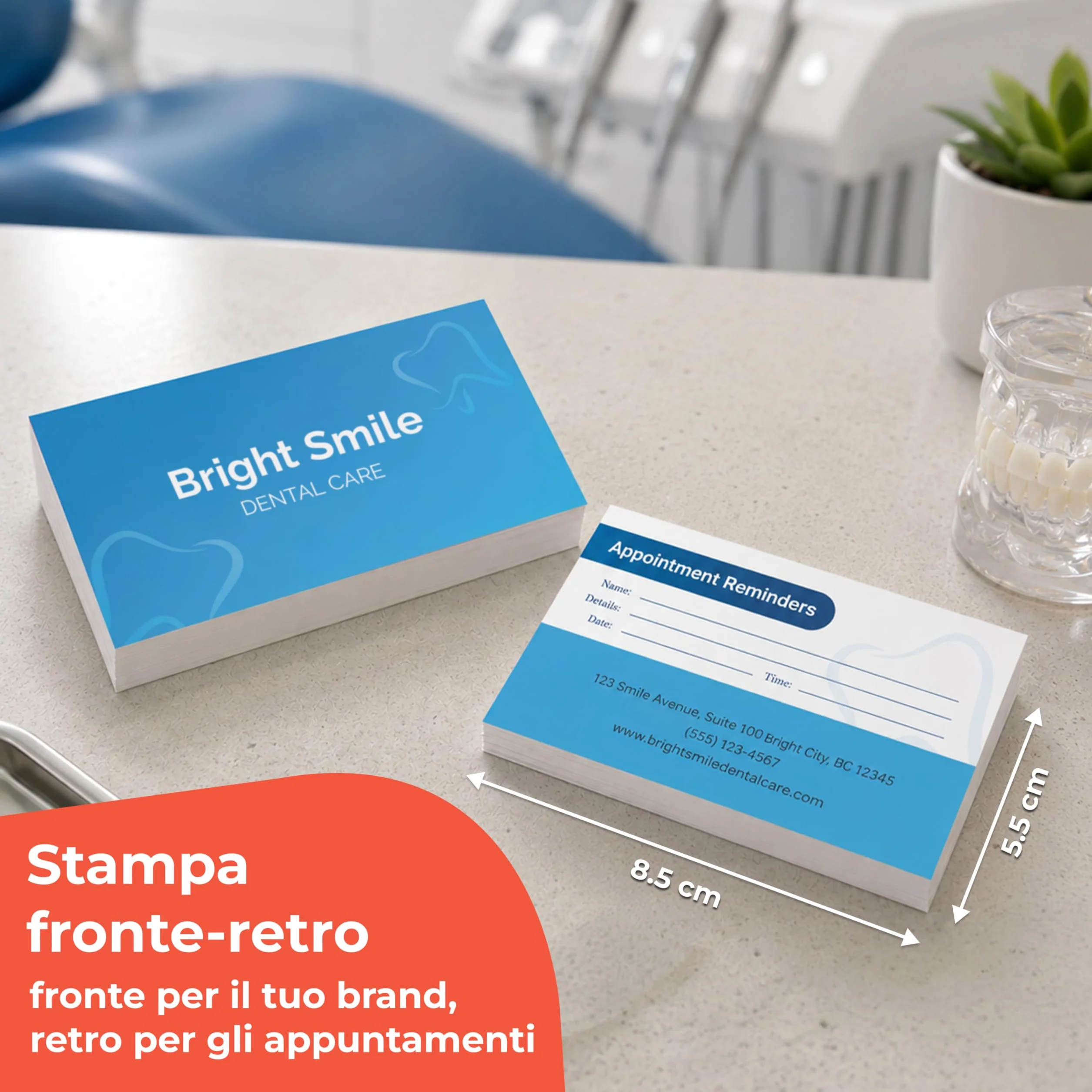 Cartoline appuntamenti personalizzate per studi dentistici con logo e grafica, 1000 pezzi, 324 g/m², 85 x 55 mm, stampa fronte-retro, promemoria per attività e negozi locali