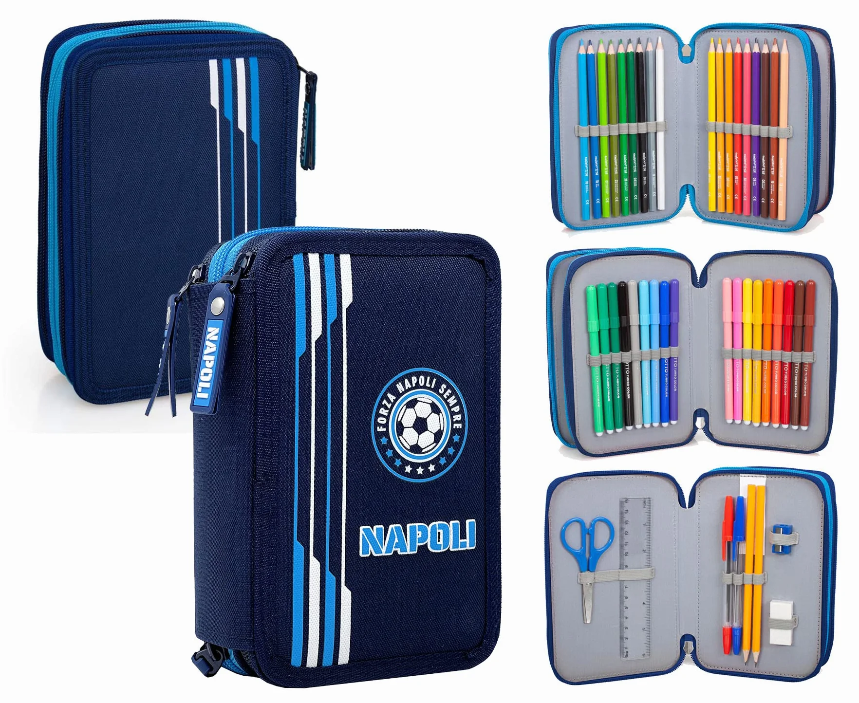 ssc napoli INACIO Astuccio Scuola Napoli Azzurri PARTENOPEI MULTISCOMPARTO 3 Zip PORTACOLORI PENNARELLI Giotto CM.20X13X6-99324