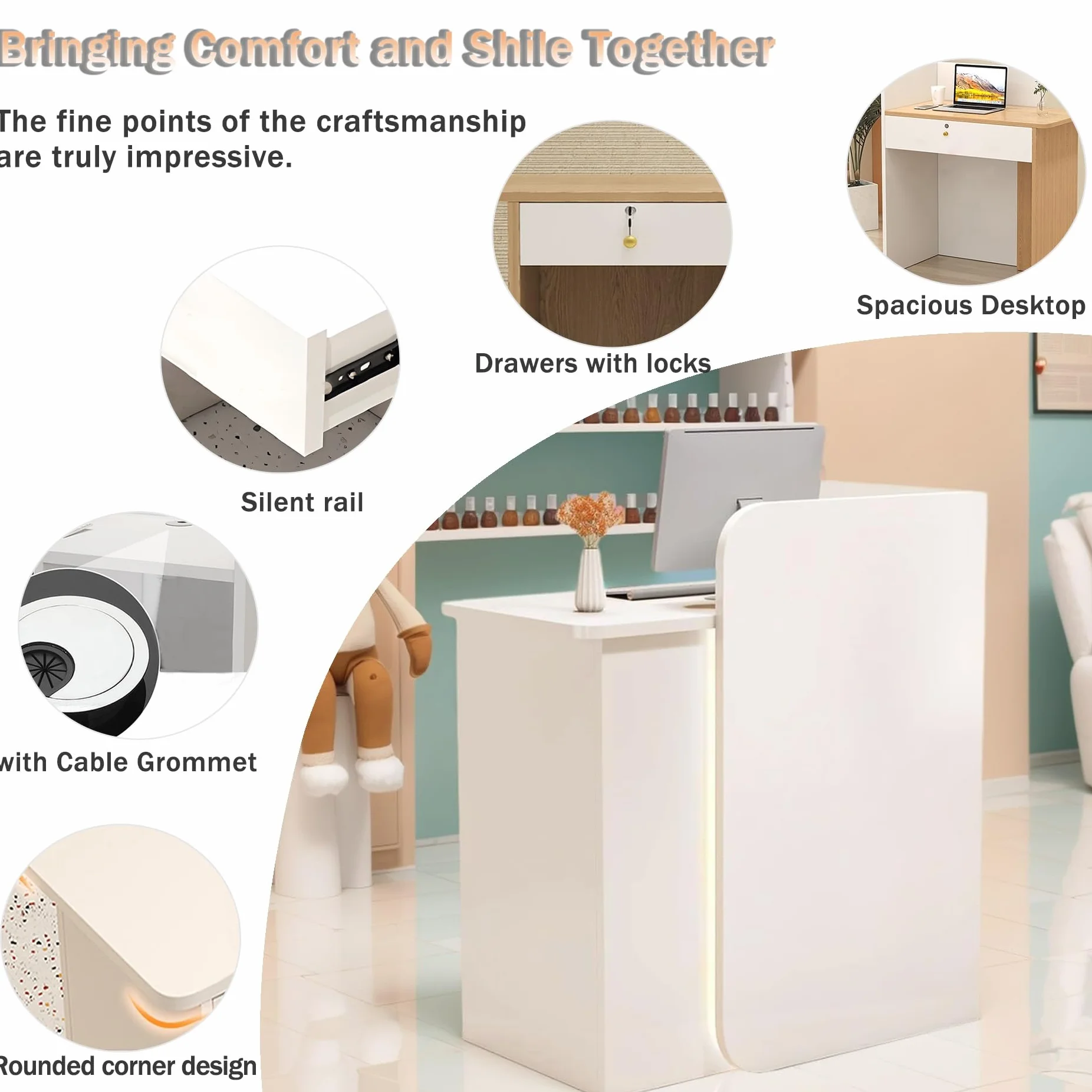 Banco Reception Estetica con Luce e Cassetti, Bancone Cassa Negozio, Bancone Ufficio, Cassette di Ricevimento, per Sale Aziendali, Negozi di Frutta, Reception Alberghiere (White, 60X45X100