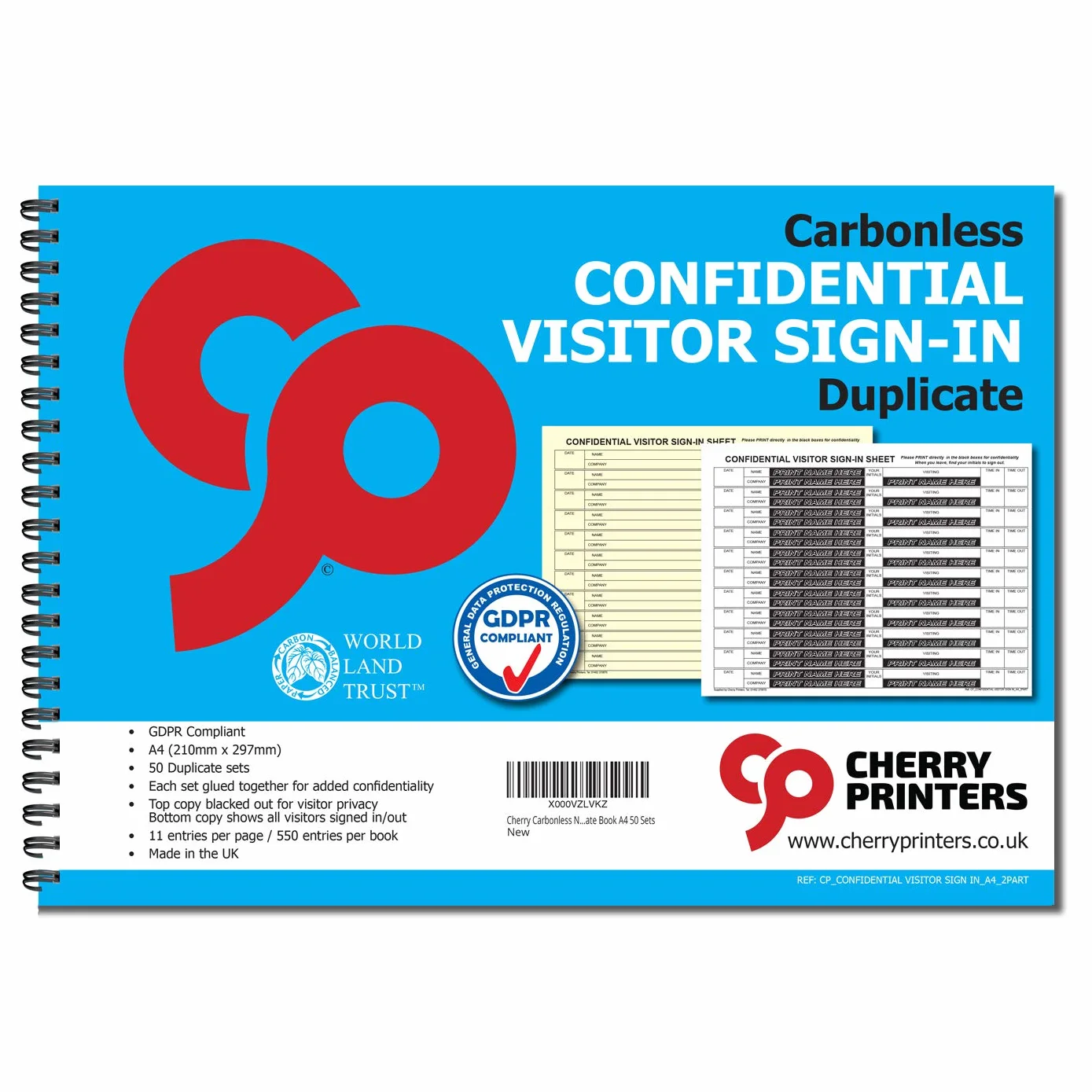 Cherry Printers Carbonless NCR Visitor Sign in Duplicate Wiro Book A4 50 Set