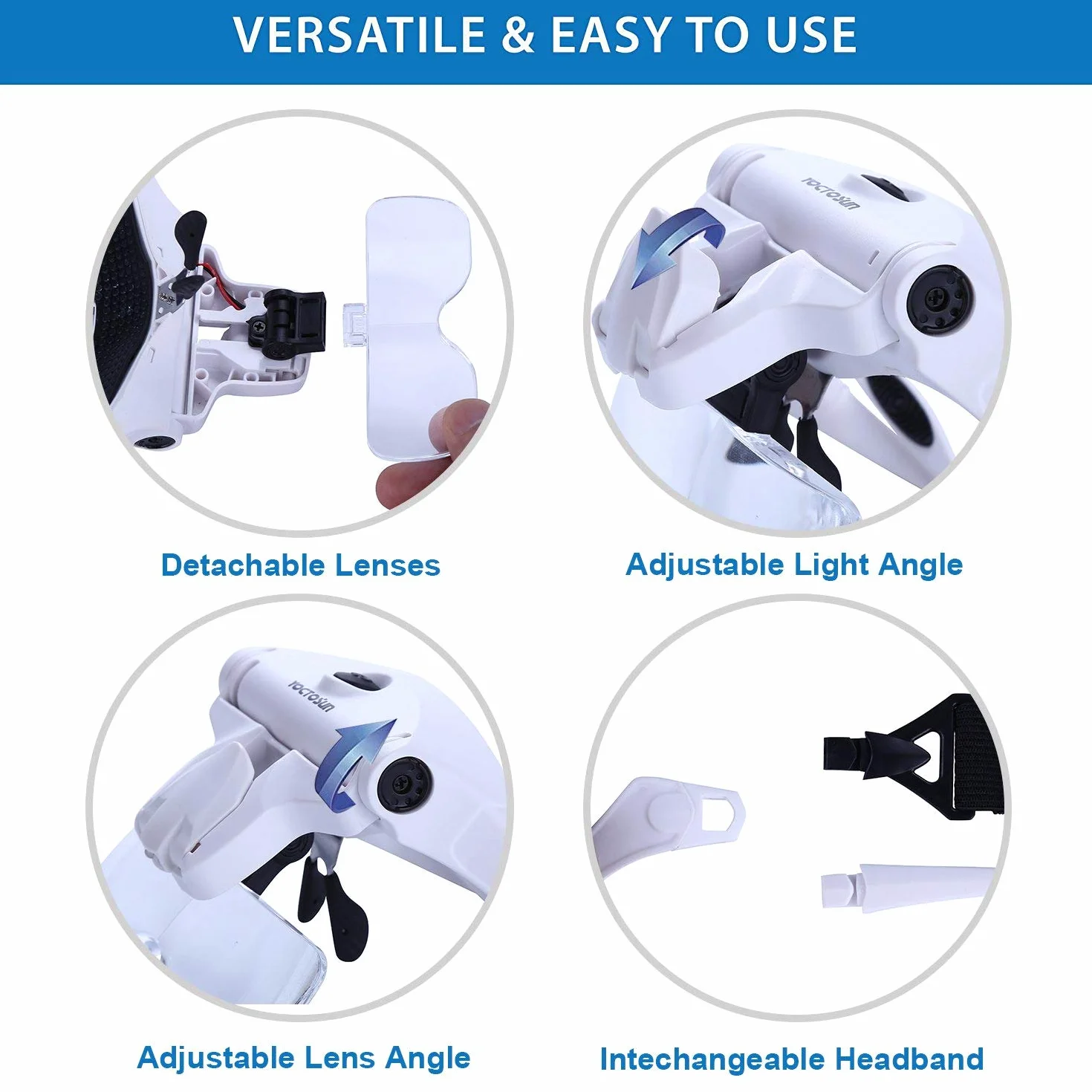 YOCTOSUN Lente d'ingrandimento con luce, lente d'ingrandimento con 5 lenti, fascia, custodia, testa illuminata a LED per mani libere, per lavori ravvicinati, hobby e artigianato