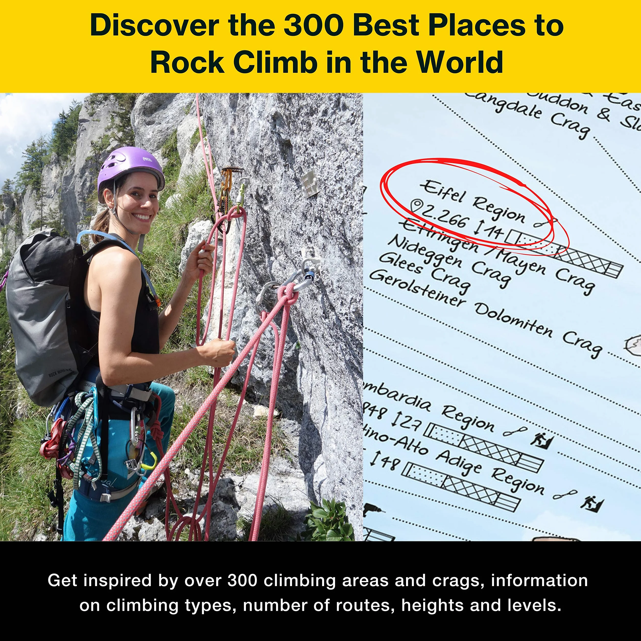 Climbing Map by Awesome Maps - Mappa del mondo illustrata per gli appassionati di arrampicata - riscrivibile - 97,5 x 56 cm