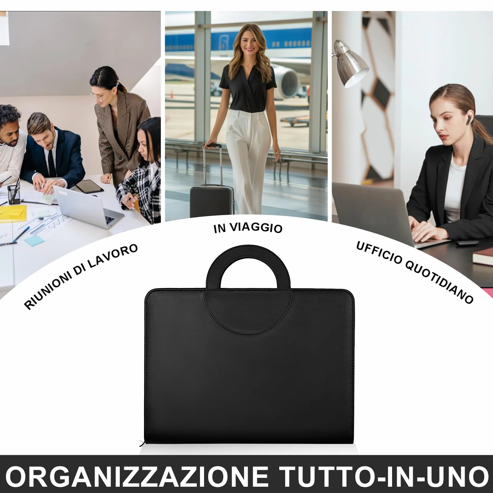 Leathario Cartella Portadocumenti A4 Pelle Vegana con Maniglia Quaderno Raccoglitore ad Anelli per Colloqui Viaggi Riunioni