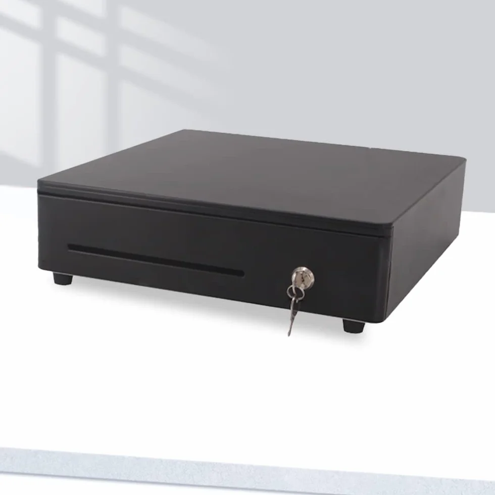 Cassetto porta denaro per registratore di cassa e stampante fiscale RT 4 banconote, 8 monete - struttura in acciaio, angoli smussati, con chiave ed apertura elettronica, nuovo design (Mod.350 - NERO)