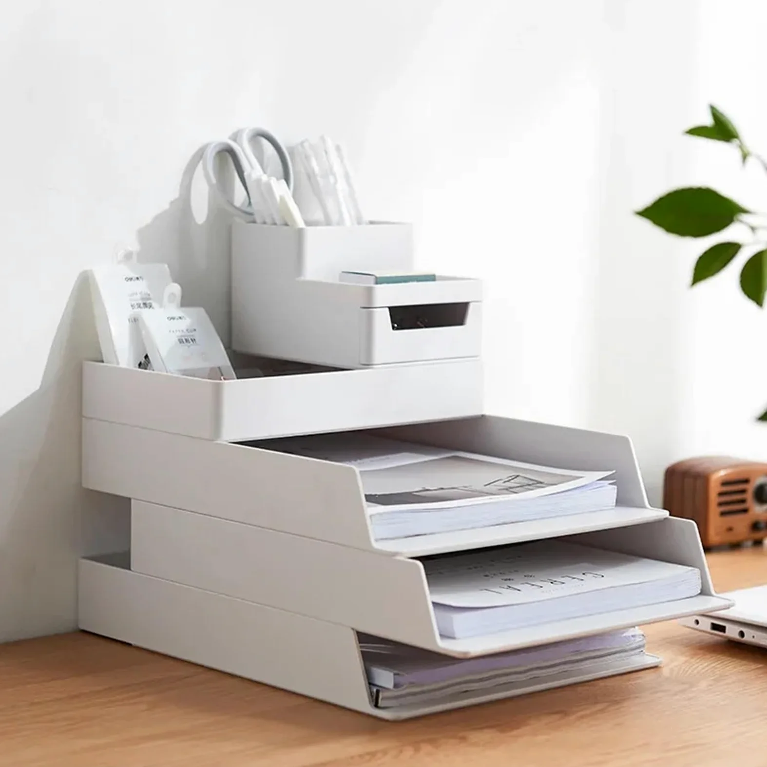 Vassoio Per Lettere Scatola Portaoggetti Da Scrivania Impilabile | Organizzatore di file di carta A4 di grande capacità, supporto multifunzionale for scrivania da ufficio(Green-1pcs)