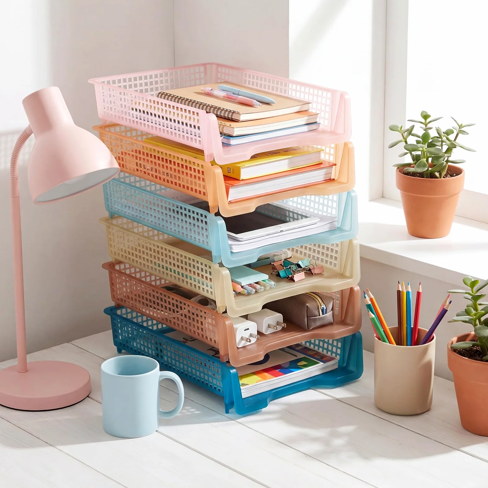 Geetery Set di 12 vassoi in plastica per insegnanti, impilabili, in plastica, per aule e insegnanti, organizer per lettere, per ufficio, scrivania, casa (colore trasparente bohémien)