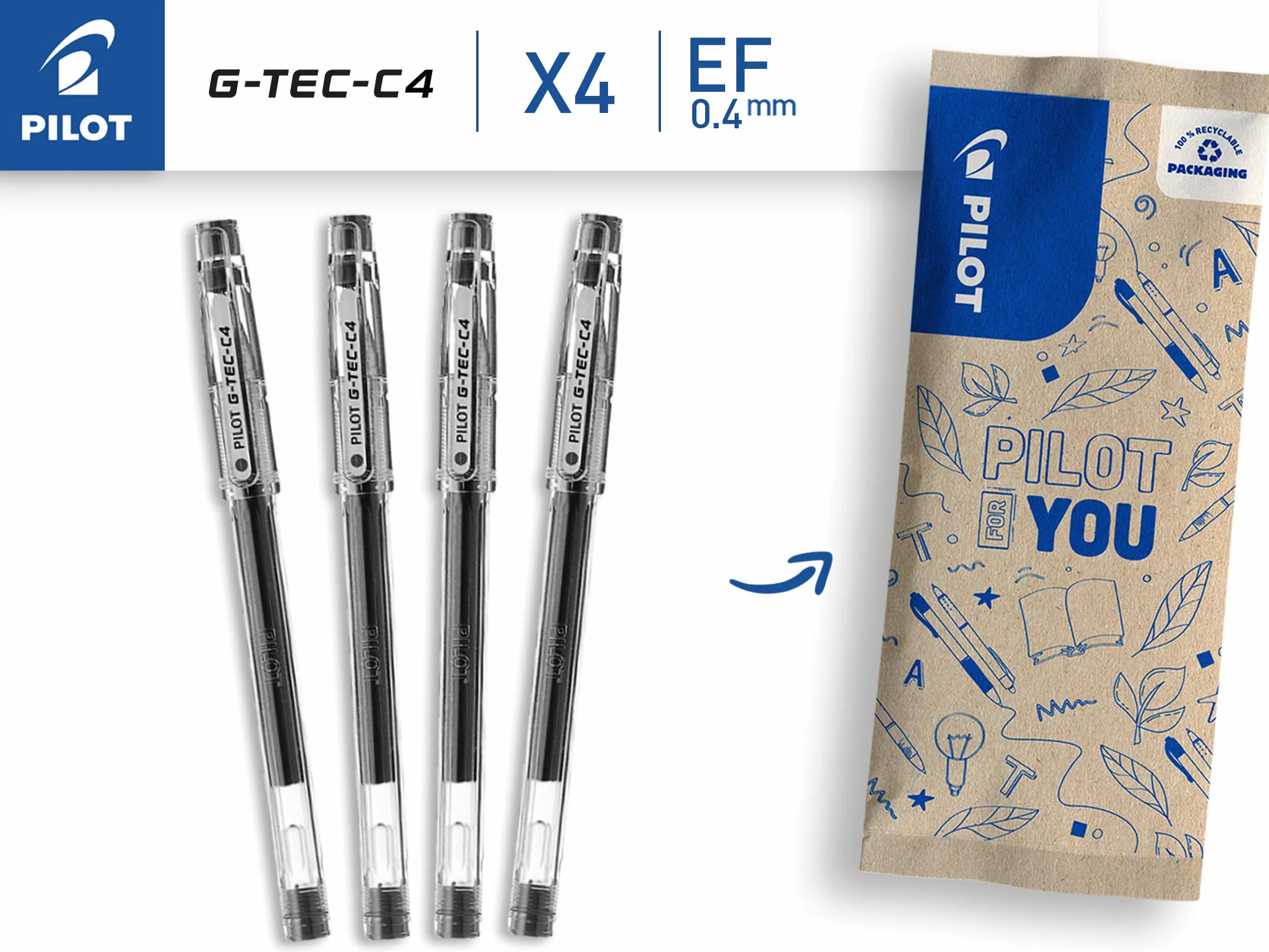 Pilot Gtec C4 Penna a sfera in gel confezione da 4 Nero