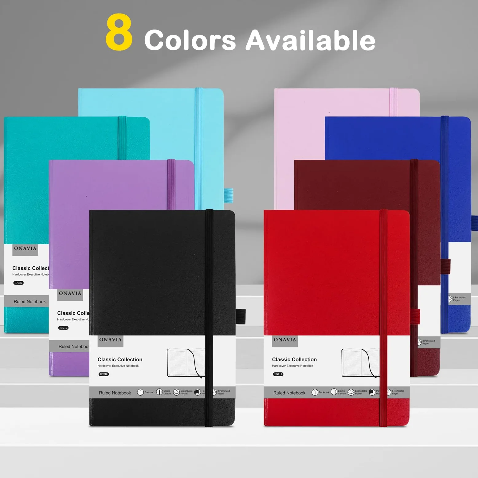 ONAVIA Taccuino a Righe A5 Copertina Rigida, 160 Pagine, Set 8 Colori | 14 x 21 cm, 100 g/m², Classico Quaderno Appunti di Linea, Tasca Interna, Chiusura ad Elastico, Portapenne