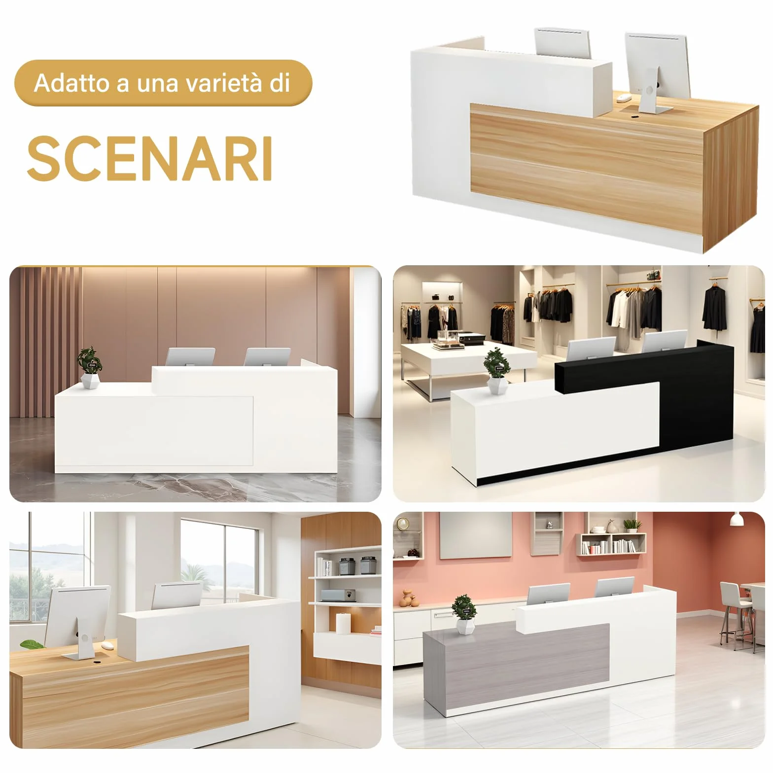 Bancone Reception Moderno con Spazio di Archiviazione, Scrivania Reception da 100–240 cm con Cassetto e Ripiani, Ideale per Uffici, Saloni, Hall e Negozi