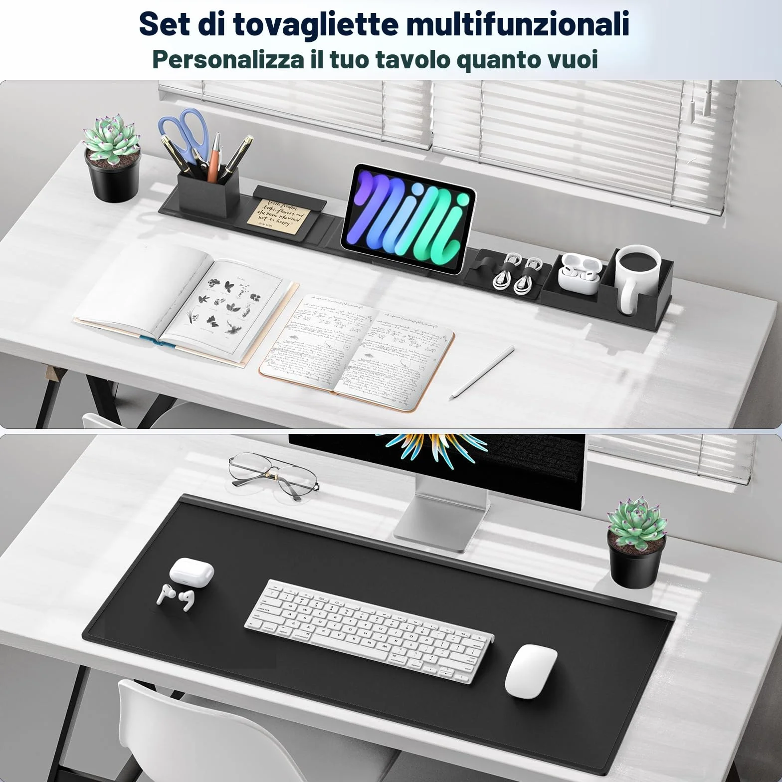 KDD Sottomano Scrivania in Pelle PU 6 in 1 con Organizer Magnetici per Supporto Tablet, Portabicchieri, Portacarte, Portapenne, Gestione Cavi