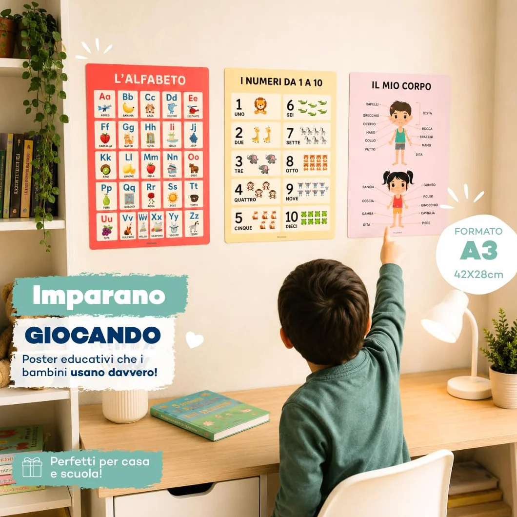 Poster Educativi per Bambini in Italiano - Set 12 Poster Didattici A3 Laminati 250 gsm - Alfabeto, Numeri, Colori, Montessori