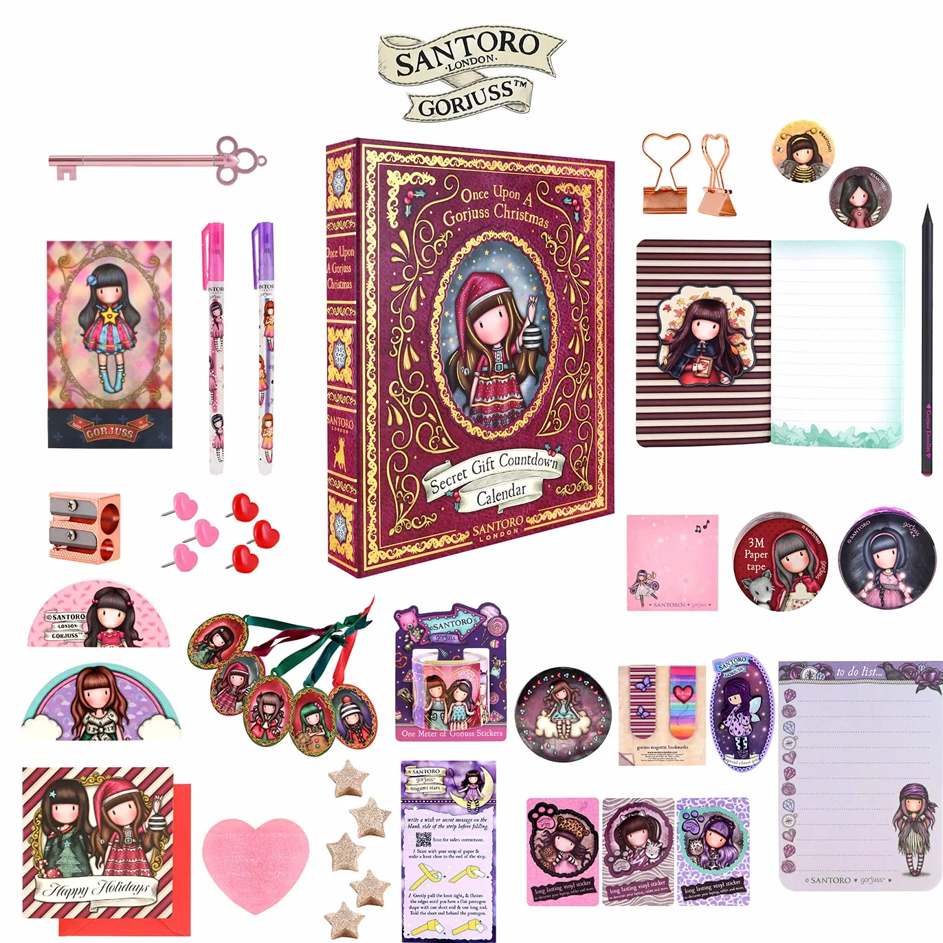 SANTORO Gorjuss Calendario dell'Avvento 2023, calendario natalizio con 25 sorprese tra cui quaderni, penne, nastro di carta, cancelleria e spilla smaltata, regalo per ragazze, bambini, allegro e