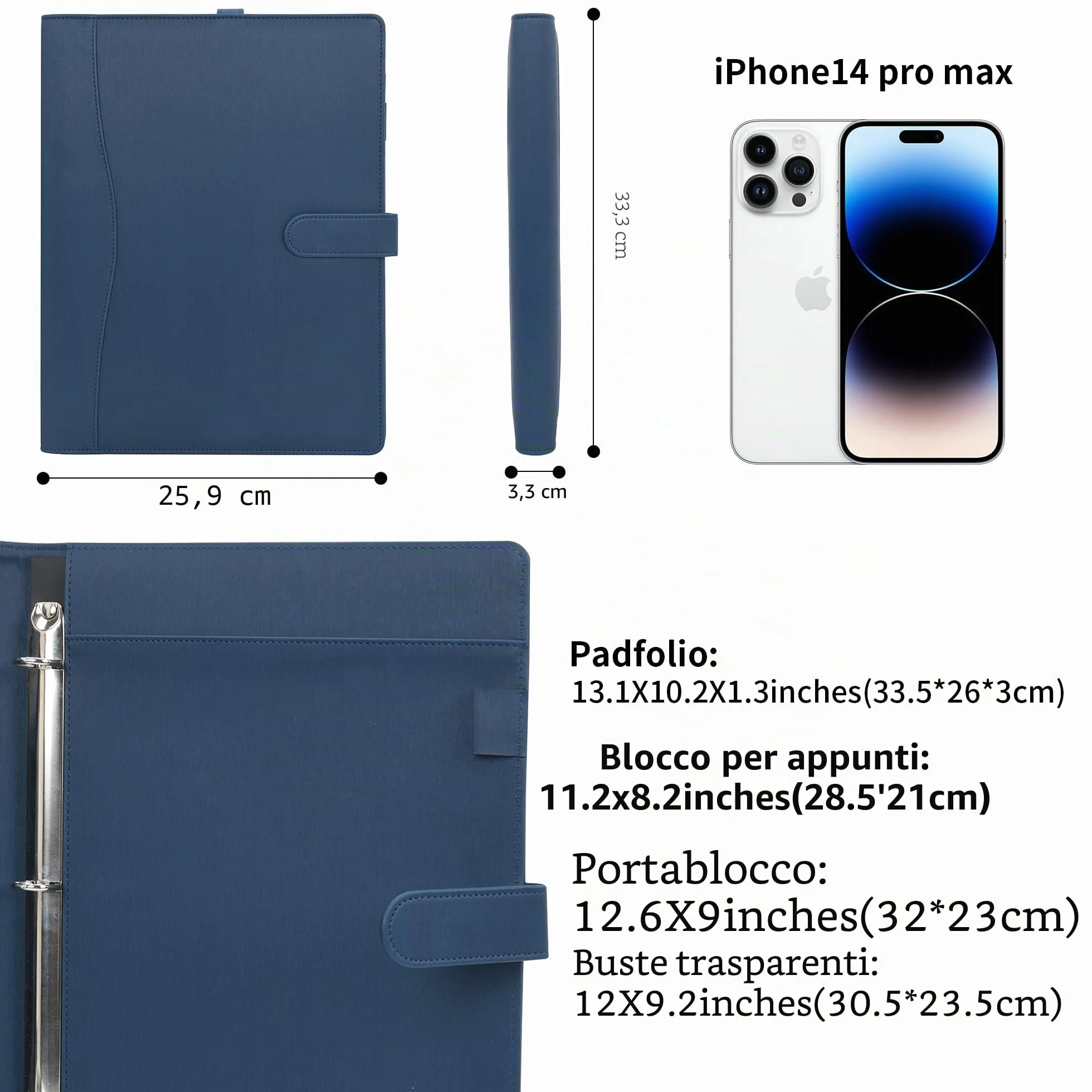 Wonderpool Cartella per Documenti in Pelle A4, Raccoglitore ad Anelli Rimovibile con Portablocchi e Organizzatore, Blu scuro