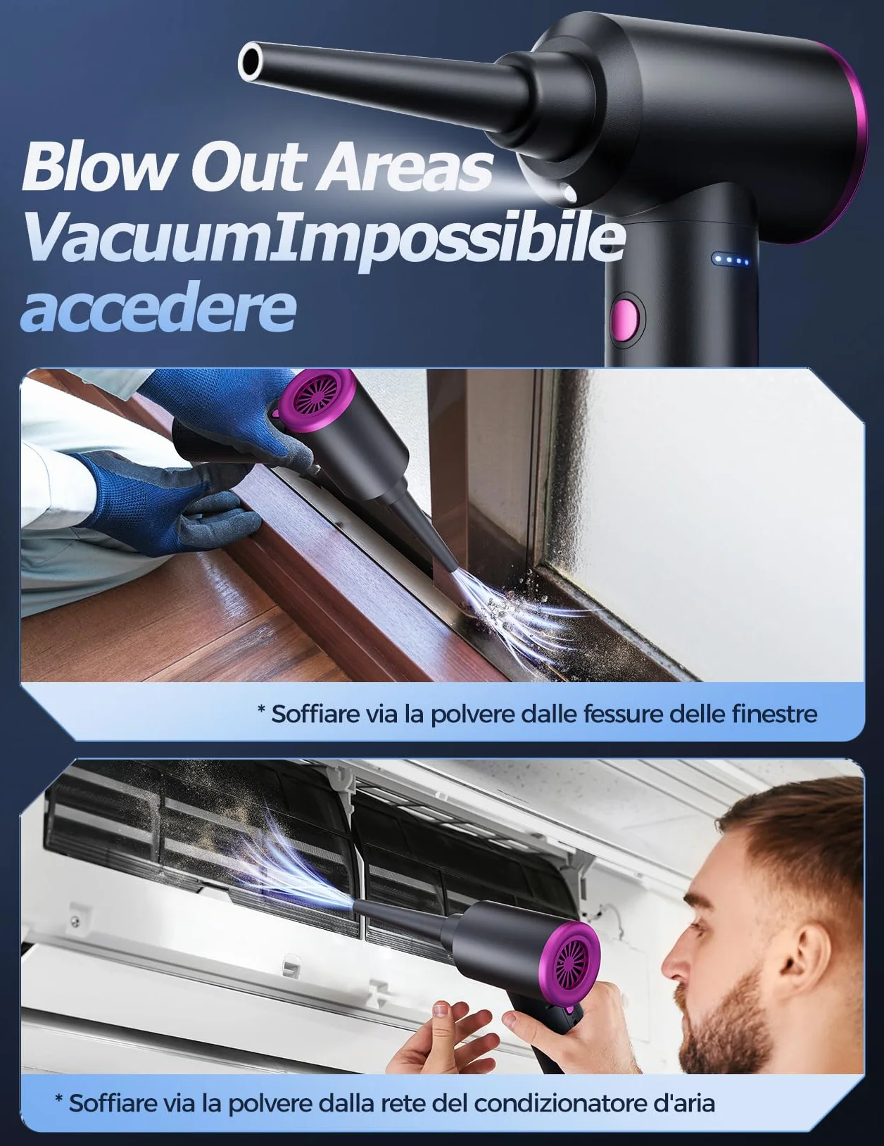 Soffiatore ad Aria Compressa - 100.000 Giri/Min Aria Compressa Spray con Batteria da 9000 mAh, Aria Compressa Elettrico a 3 Velocità con luce LED per la Pulizia del PC, Divano, Tastiera, Auto