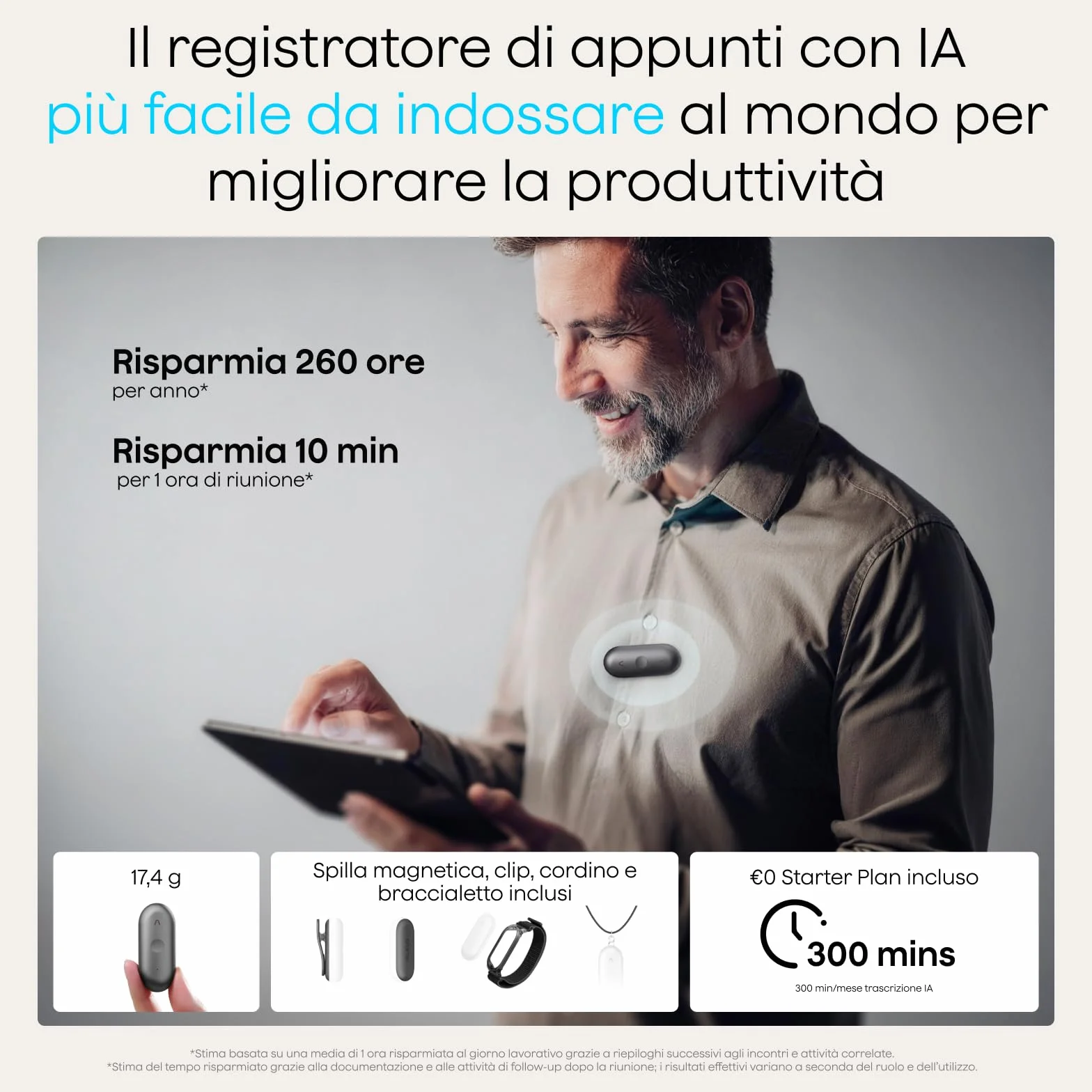 Plaud NotePin S Registratore Vocale AI Pulsante di Registrazione Tattile Audio Digitale Trascrizione Riepilogo Appunti Per Professionisti Riunioni Lezioni con 4 Accessori, Team Plan, Grigio