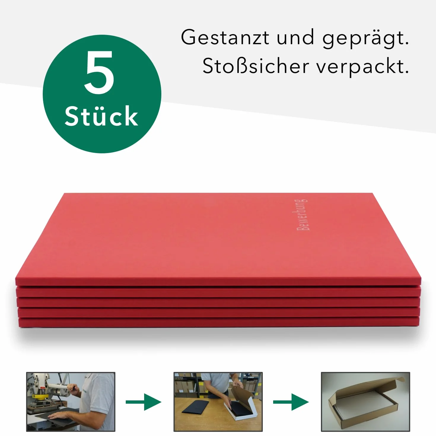5 cartelline per candidature BL-exclusivdruck® MEGA plus in rosso rubino – qualità premium con elegante rilievo goffrato 'Bewerbung' – design del prodotto di Mario Lemani