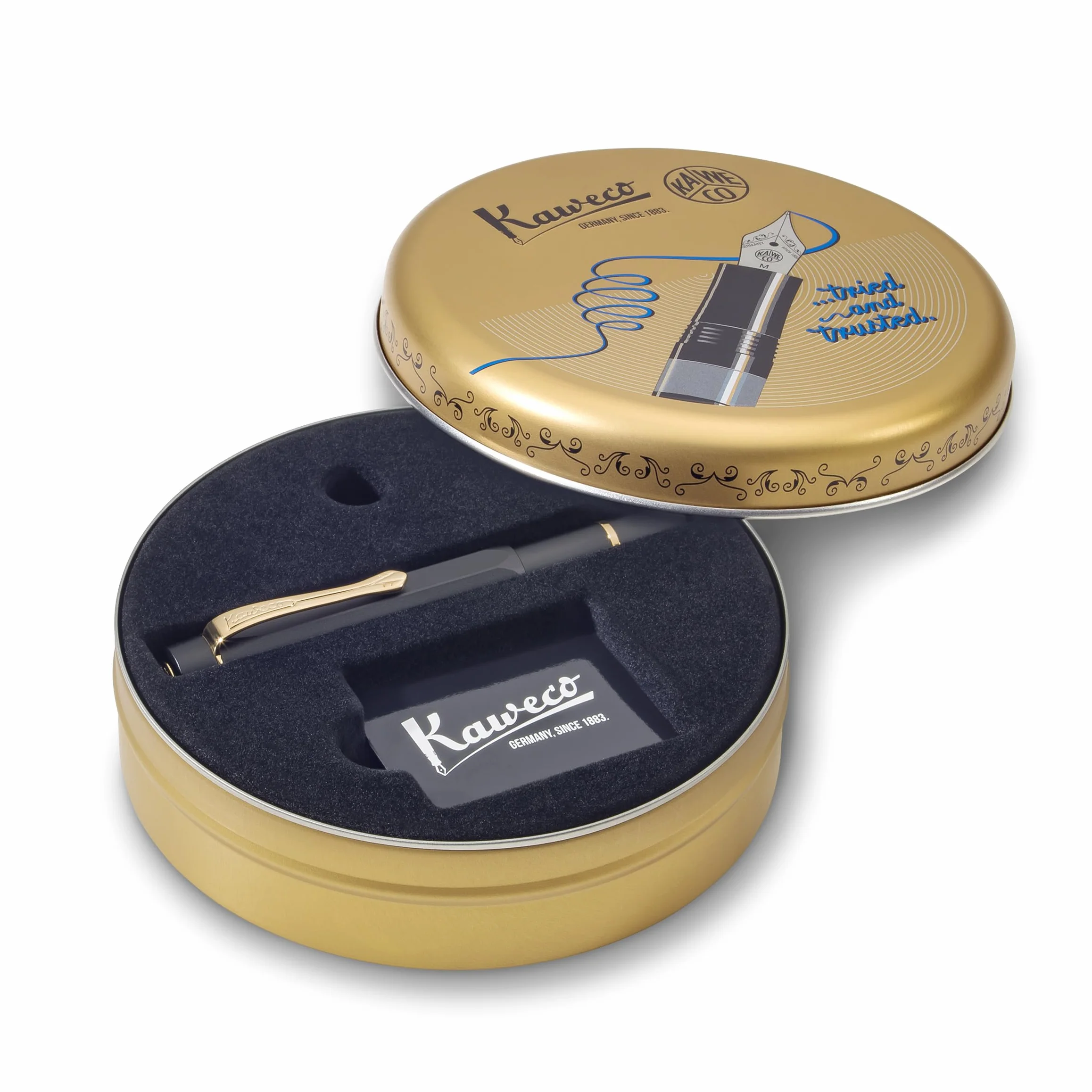 Kaweco PISTON SPORT AL Black/Gold Solo I Classica Penna stilografica in alluminio per caricare inchiostro con finestra trasparente in scatola retrò 13 cm, larghezza penna: M (medio)