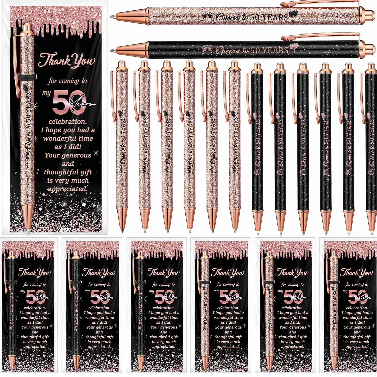 Sayglossy 30 Set di Forniture per il 50° Compleanno per gli Ospiti Include 30 Penne a Sfera con 30 Biglietti di Ringraziamento 50 Sacchetti OPP e 50 Nastri a Torsione per Ufficio, Favori di Compleanno