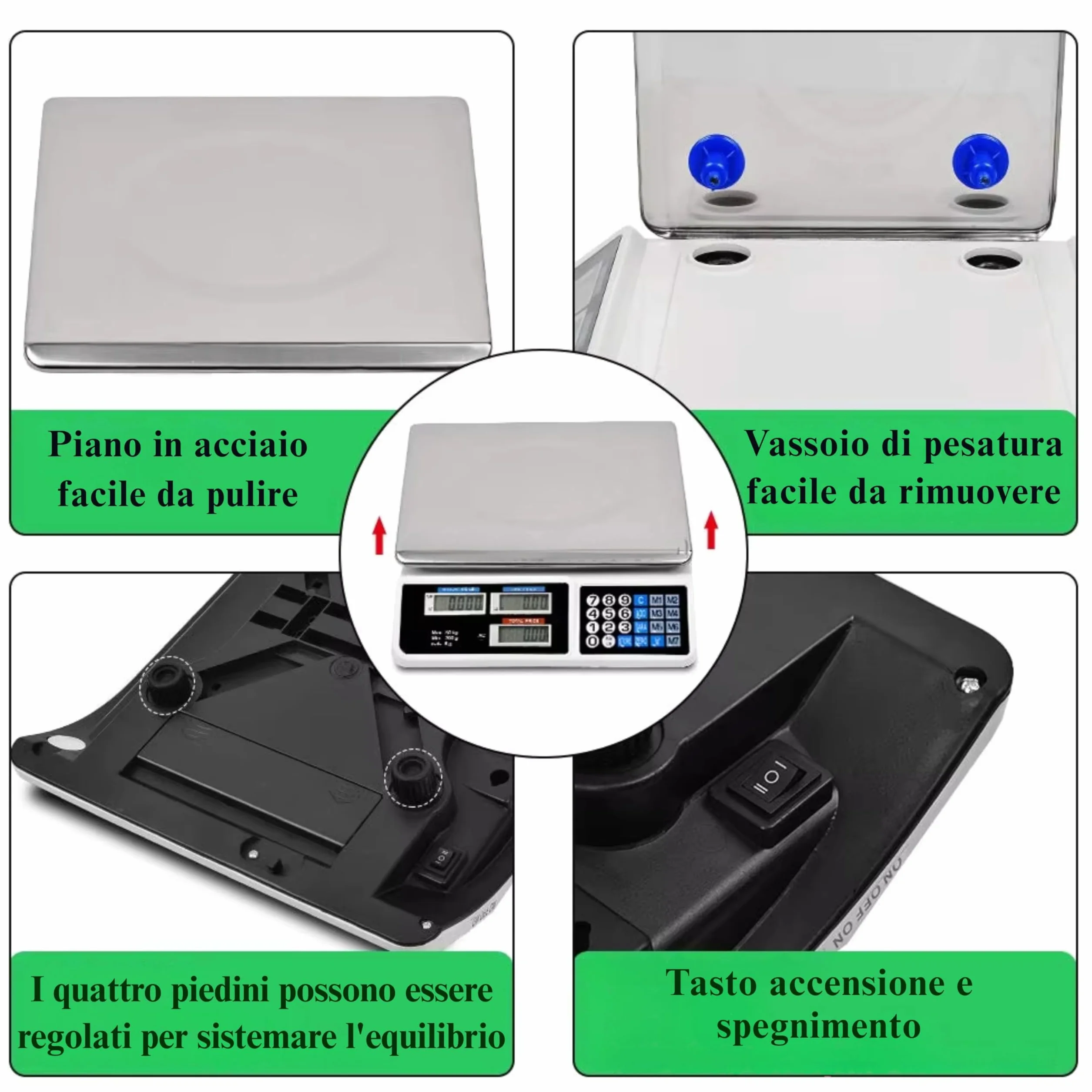 Yasta Bilancia Professionale Digitale da Banco 40kg, Alta Precisione 2g, per Alimenti e Pacchi, 7 Memorie Prezzi, 6 Display LCD Retroilluminati, Batteria Inclusa