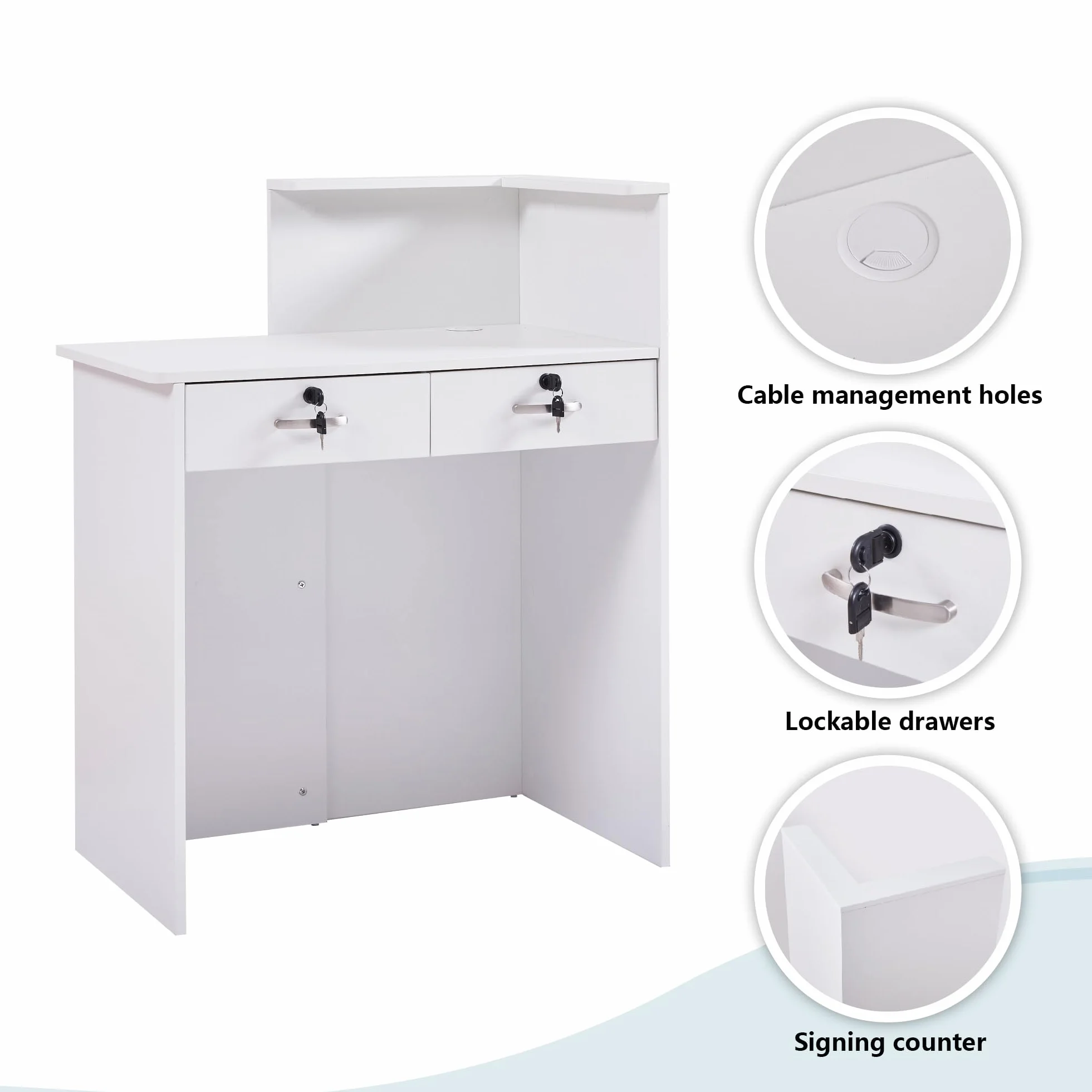 Bancone Reception Piccolo 80 cm Banco Reception in Legno Moderno con Cassetti a Chiave e Ripiani, Scrivania Cassa Compatta Bianco o Nero per Centro Estetico, Parrucchiere, Salone e Negozio