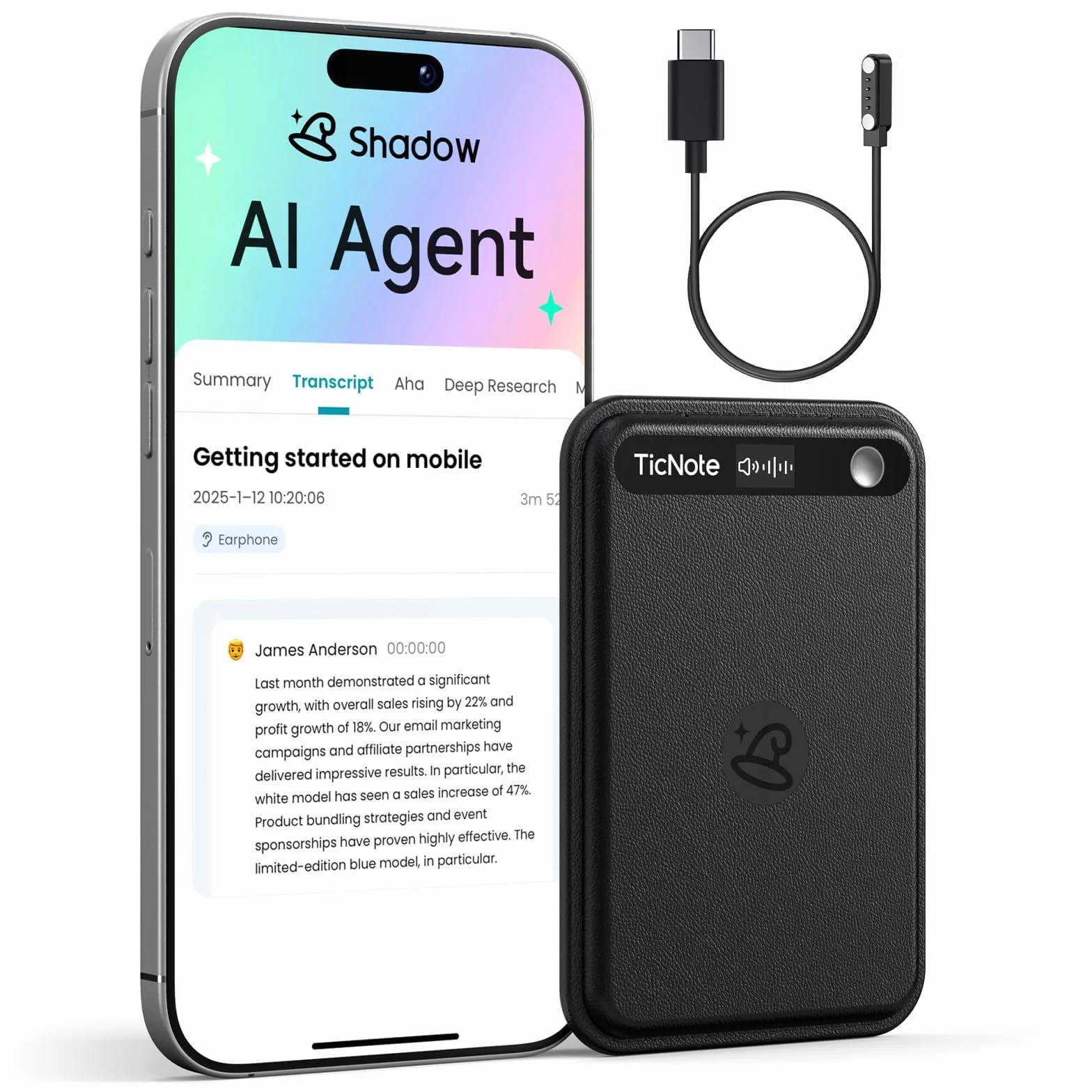 Mobvoi TicNote Lite Registratori vocali digitali AI 4 GB, Custodia Magnetica Integrata, Controllo App, Oltre 120 Lingue, Trascrizione e Riepilogo AI Shadow, Registratore Audio Digitale per Telefonate