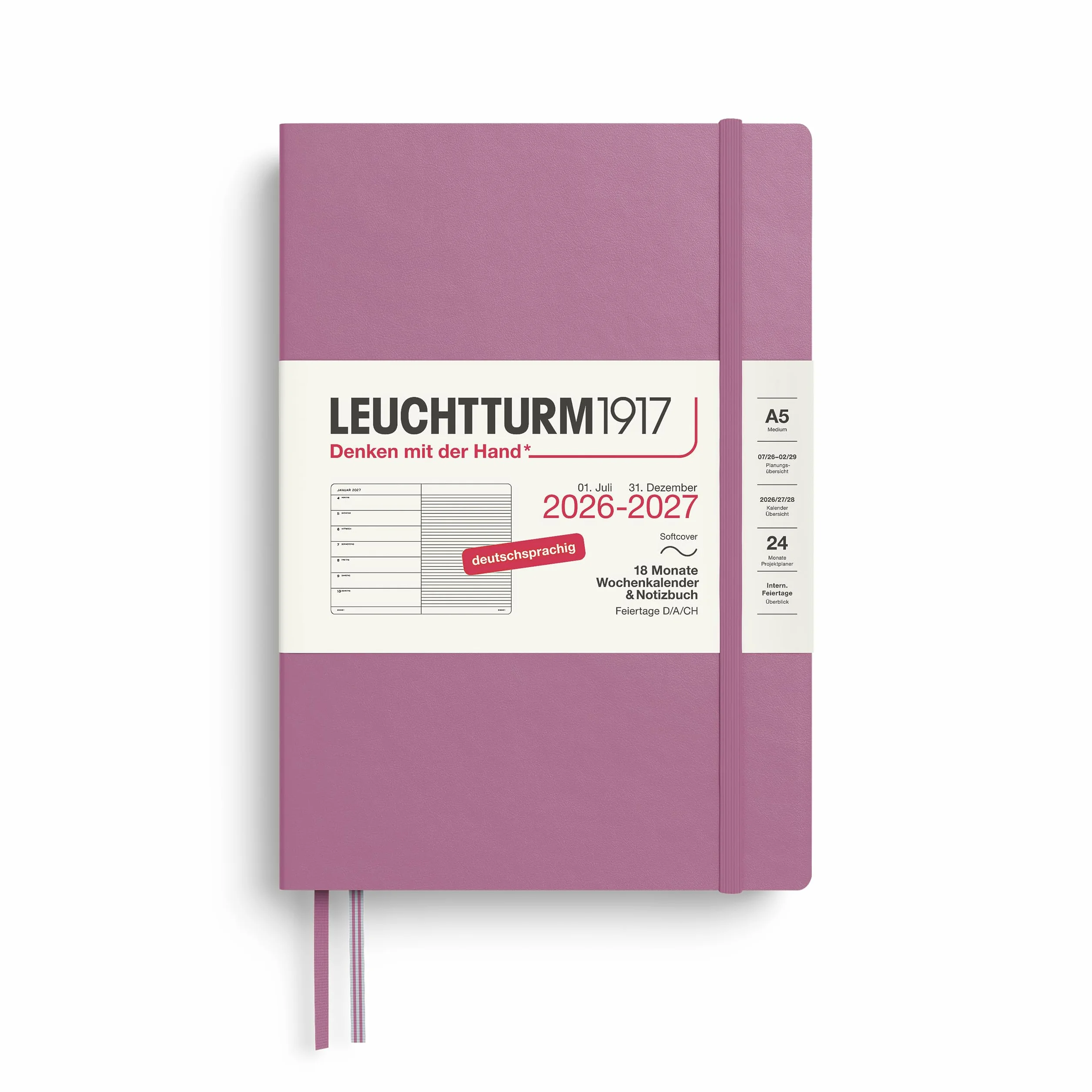 LEUCHTTURM1917 Agenda settimanale 2027, formato A5, con taccuino, a righe, agenda tedesca, 18 mesi da luglio 2026 a dicembre 2027, copertina morbida, 210 x 145 mm, panoramica settimanale a sinistra +